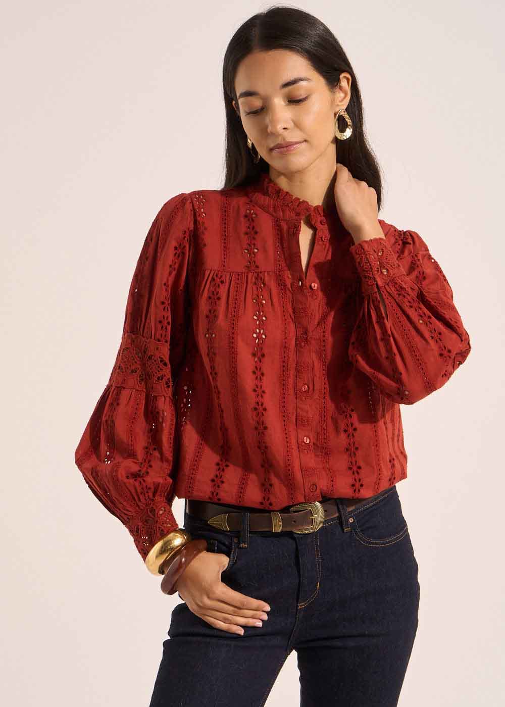 CAJOSIANE Loose-fitting shirt in broderie anglaise with a ruffled collar - 1 - Sud Express - Sud Express