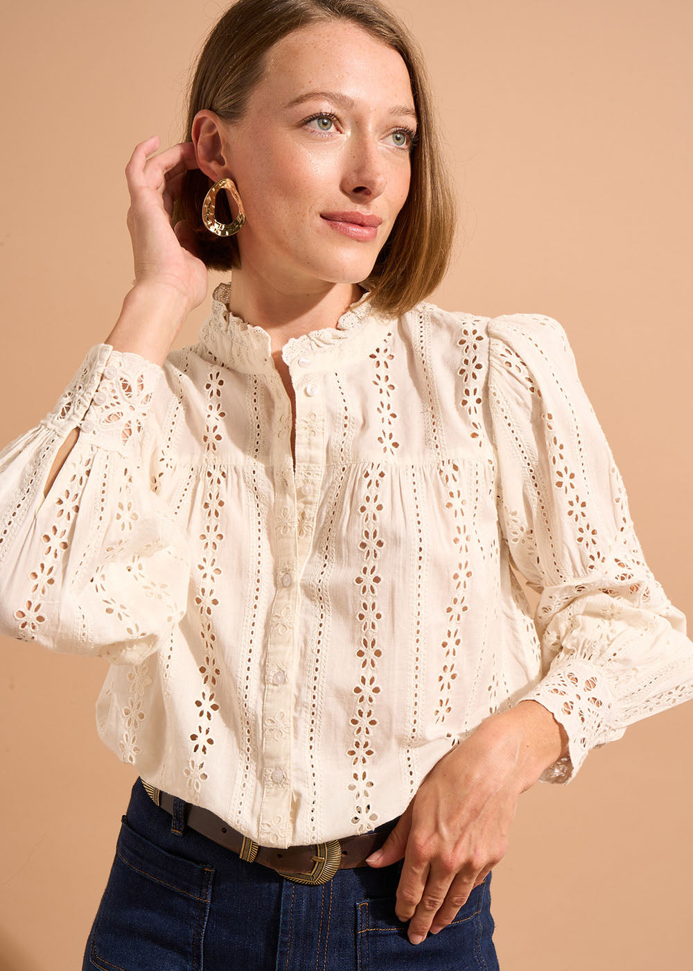 CAJOSIANE Loose-fitting shirt in broderie anglaise with a ruffled collar - 1 - Sud Express - Sud Express
