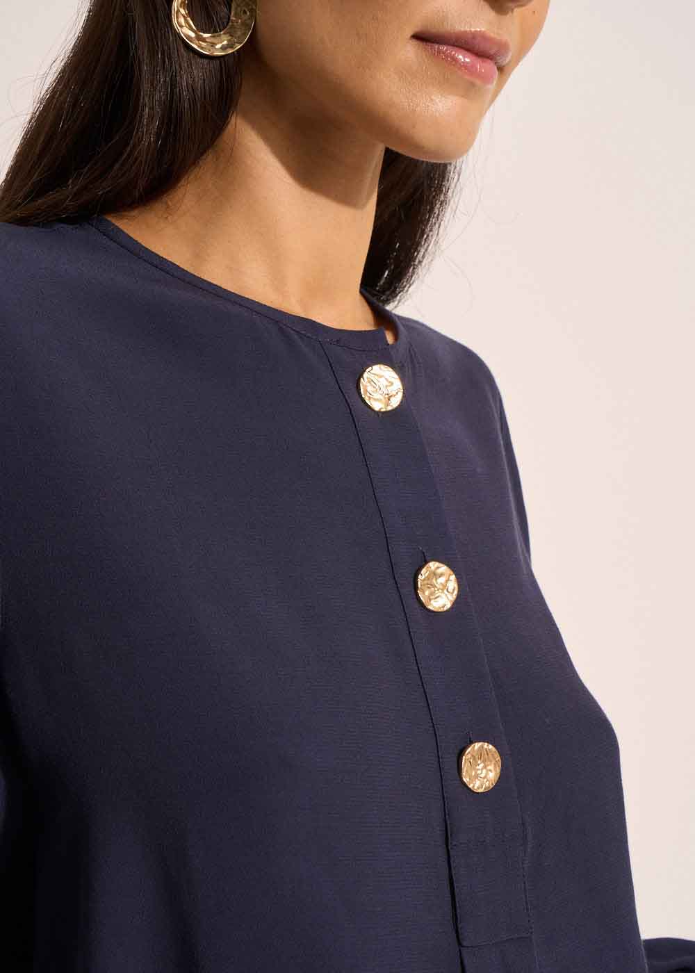 Blouse with long puff sleeves and round neckline - Sud Express - 2 - Sud Express