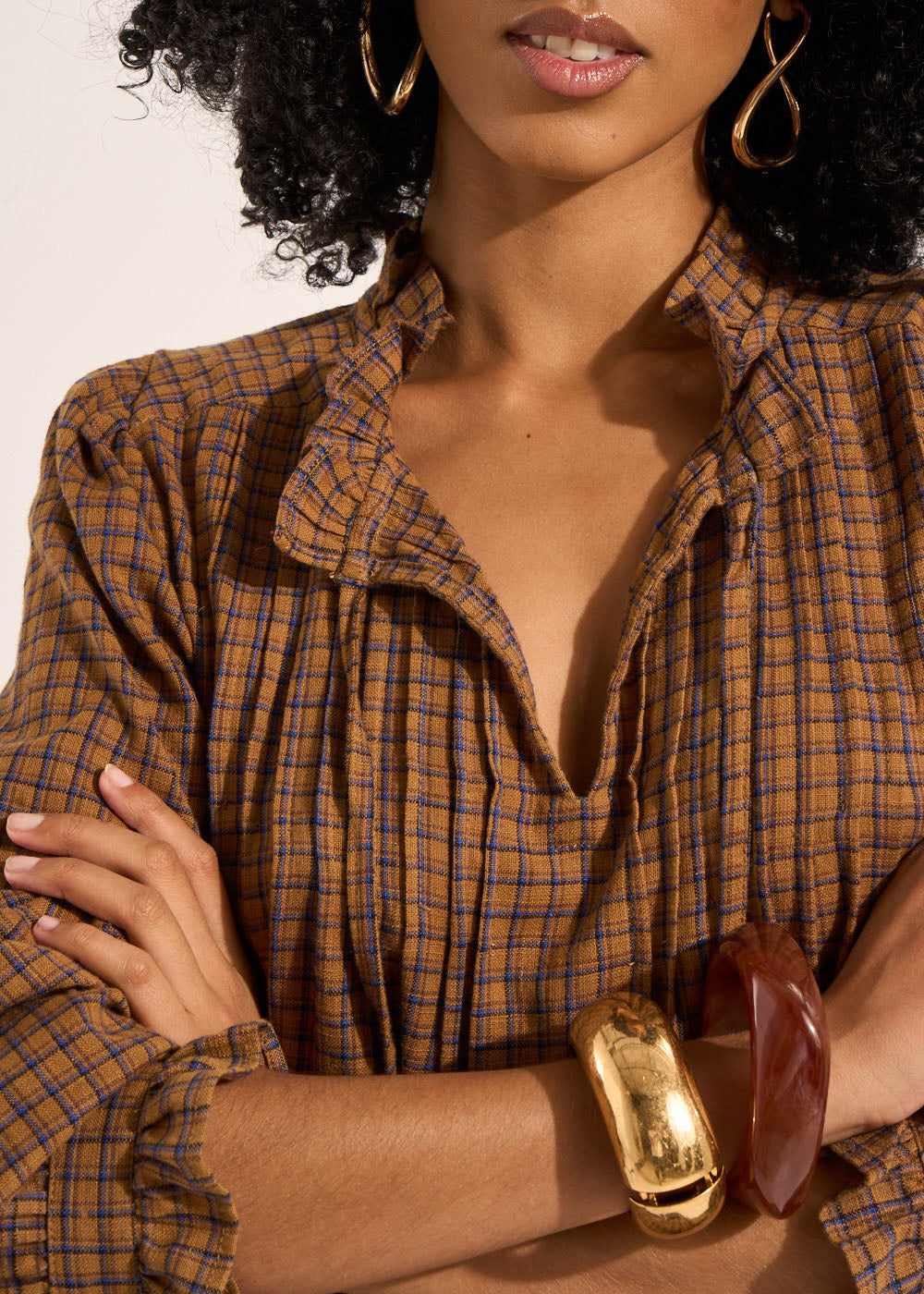 Long-sleeved checked blouse with ruffles - Sud Express - 2 - Sud Express