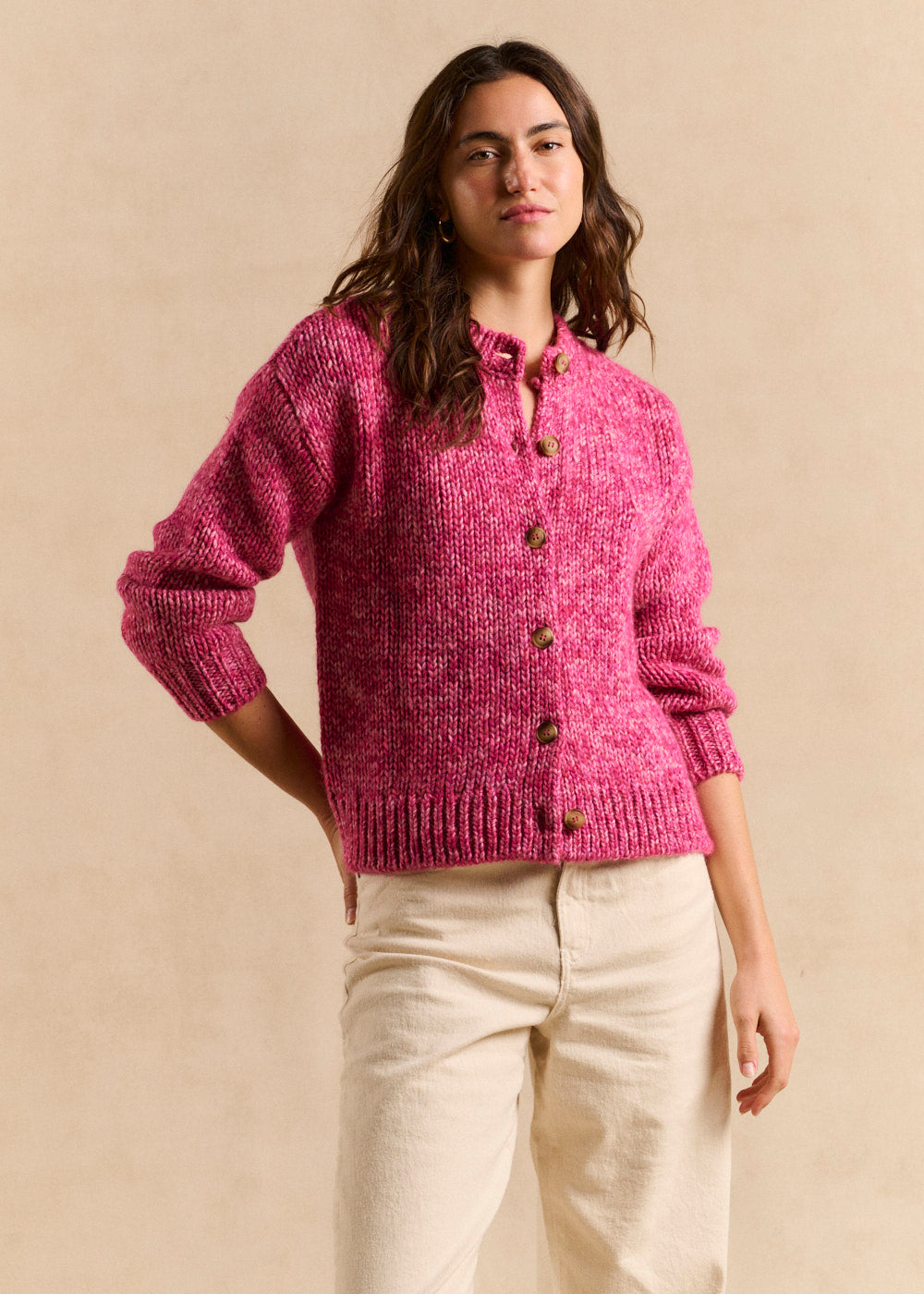 Fitted crew-neck cardigan in flecked knit - Sud Express - 1 - Sud Express