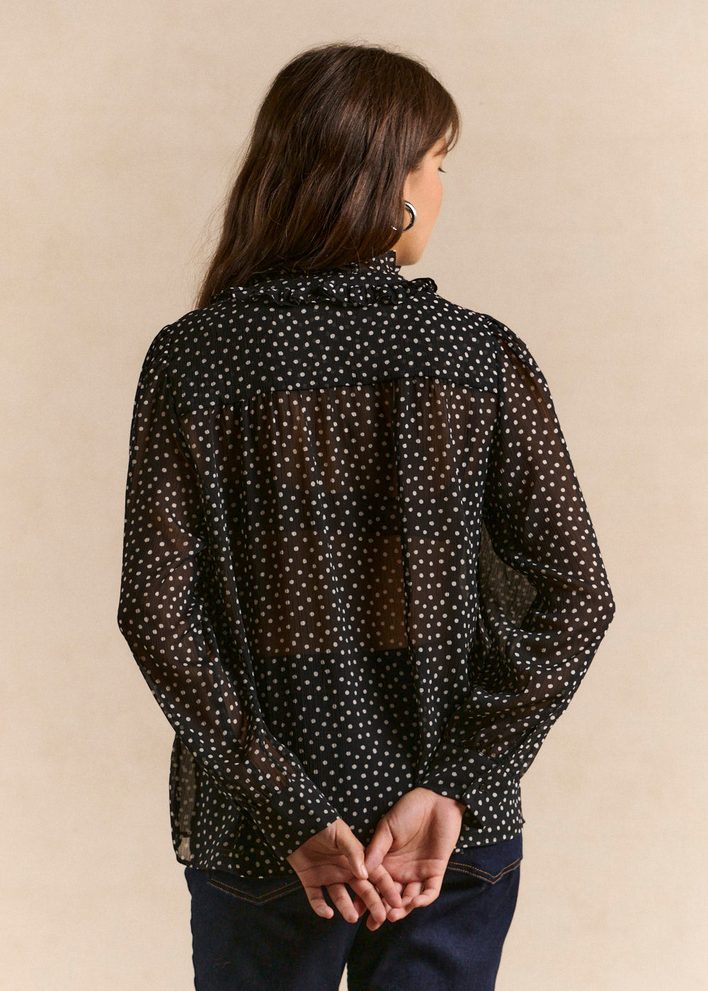 Polka dot printed blouse with ruffled collar - Sud Express - 3 - Sud Express