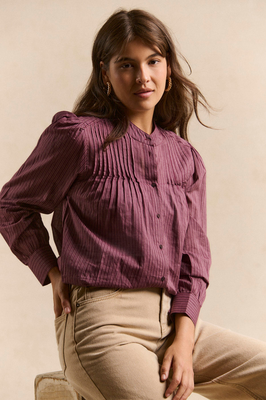 Striped print shirt with a stand-up collar - Sud Express - 5 - Sud Express