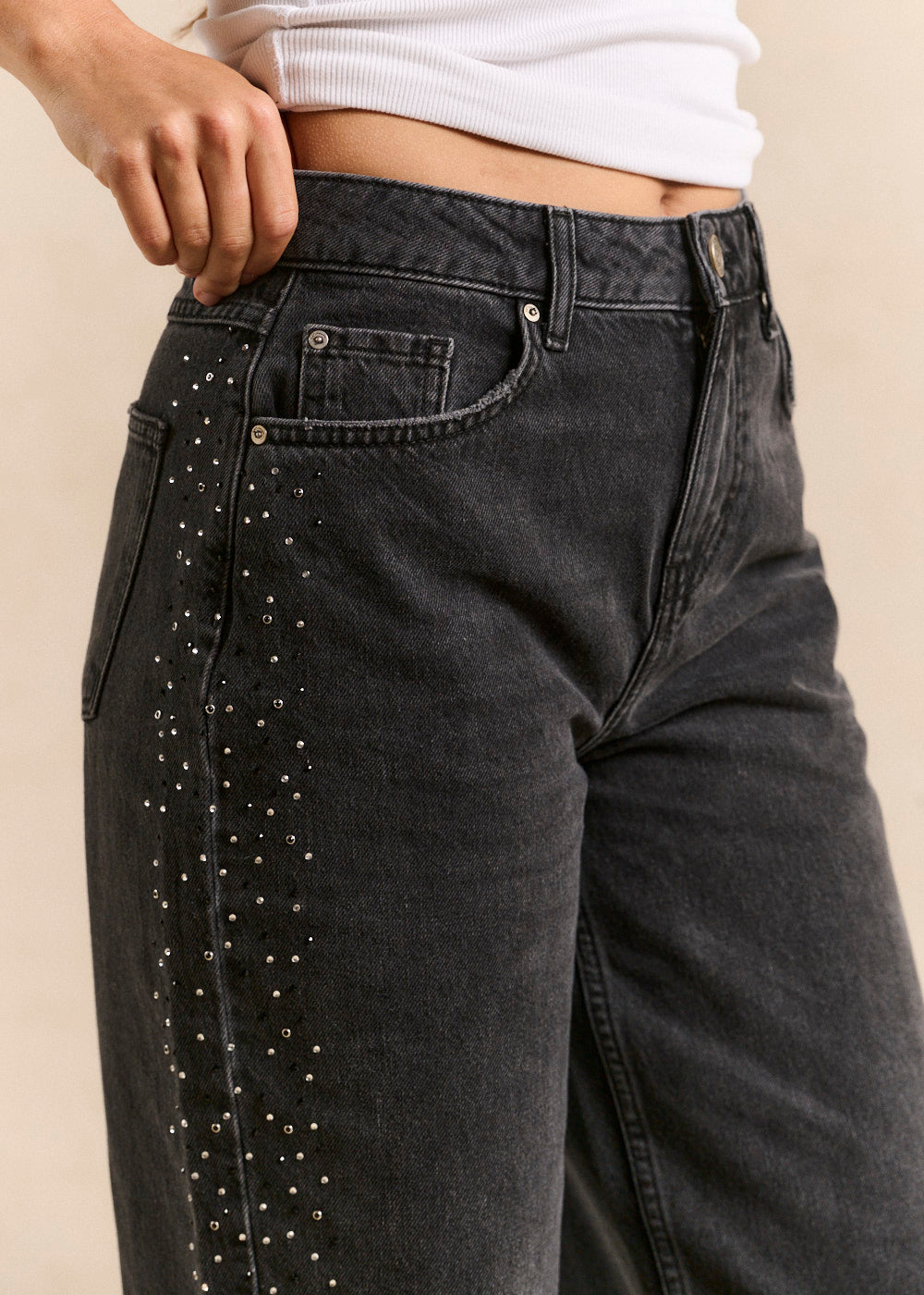 Wide-leg black denim jeans with studs and rhinestones - Sud Express - 2 - Sud Express