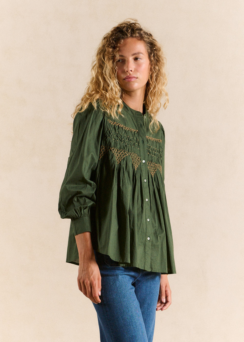 Kaki cotton shirt with smocking - Sud Express - 1 - Sud Express
