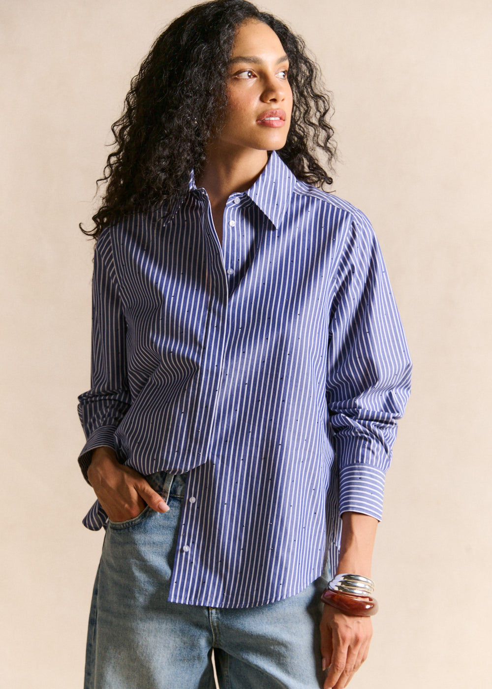 Striped oversized shirt with rhinestone details - Sud Express - 1 - Sud Express