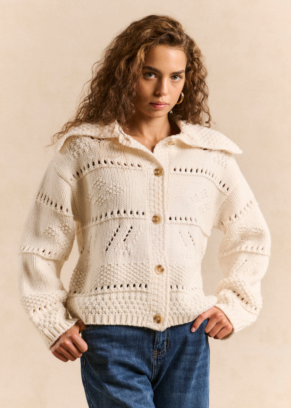 Floral jacquard cardigan with oversized collar - Sud Express - 1 - Sud Express