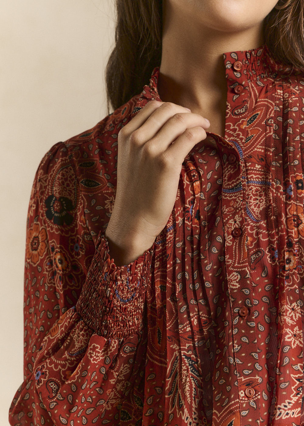 Printed shirt with ruffled mandarin collar - Sud Express - 2 - Sud Express
