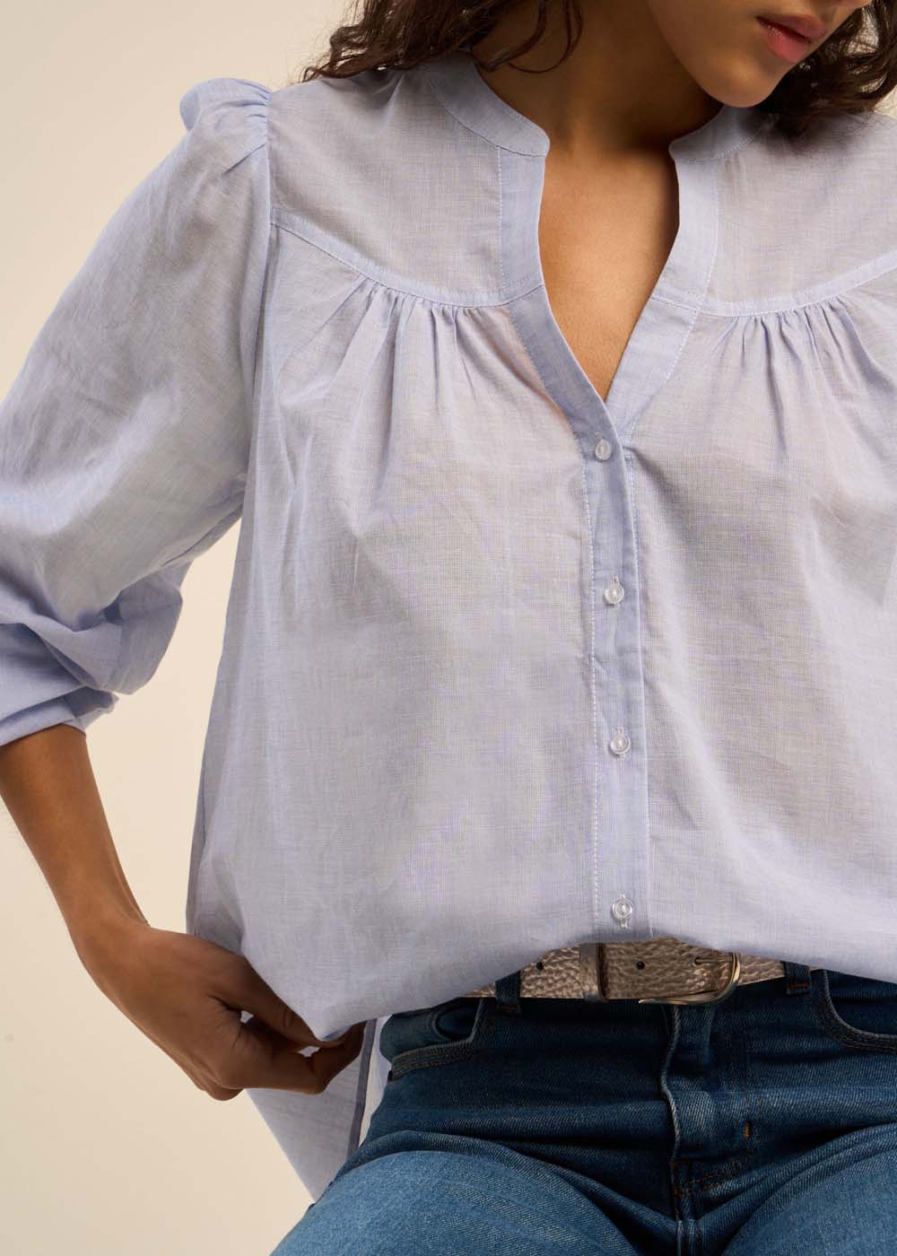 COLETI Cotton shirt with a Tunisian collar and gathered details - 2 - Sud Express - Sud Express