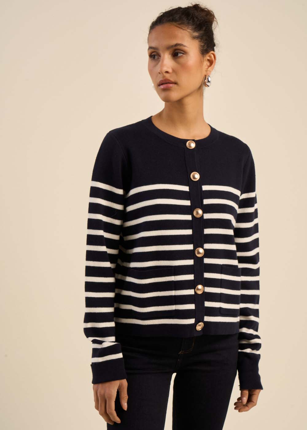 Striped Cardigan with Jewel Button Details - Sud Express - 5 - Sud Express