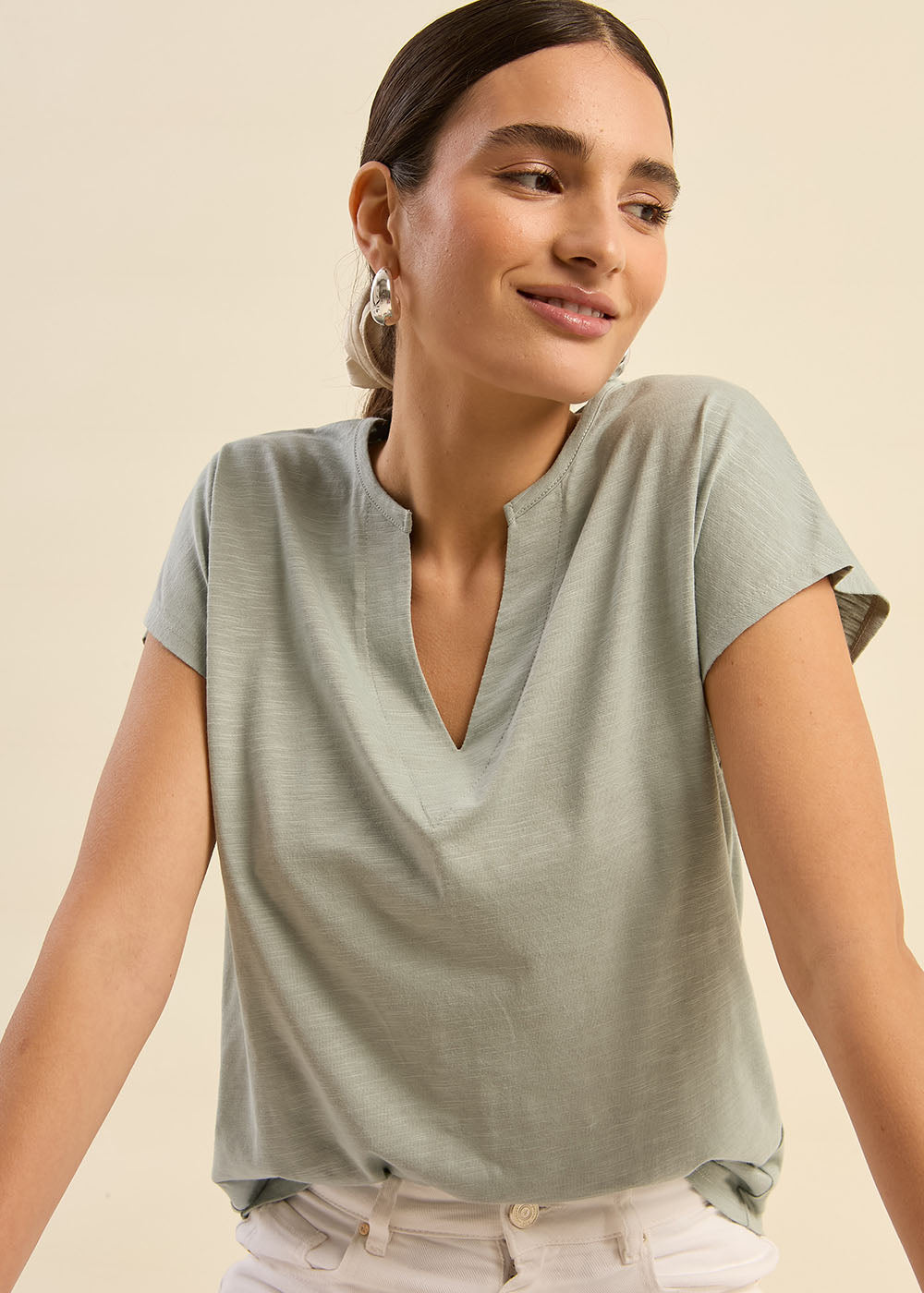 TERA T-shirt with Tunisian collar and dropped shoulders - 1 - Sud Express - Sud Express