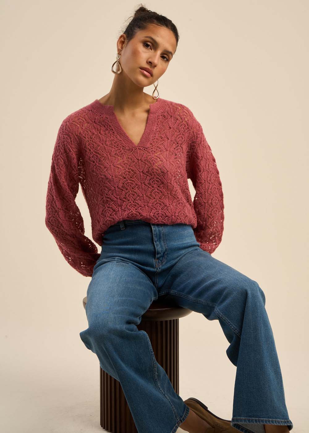 MALIBA Straight jumper with tunisian collar and fancy details - 1 - Sud Express - Sud Express