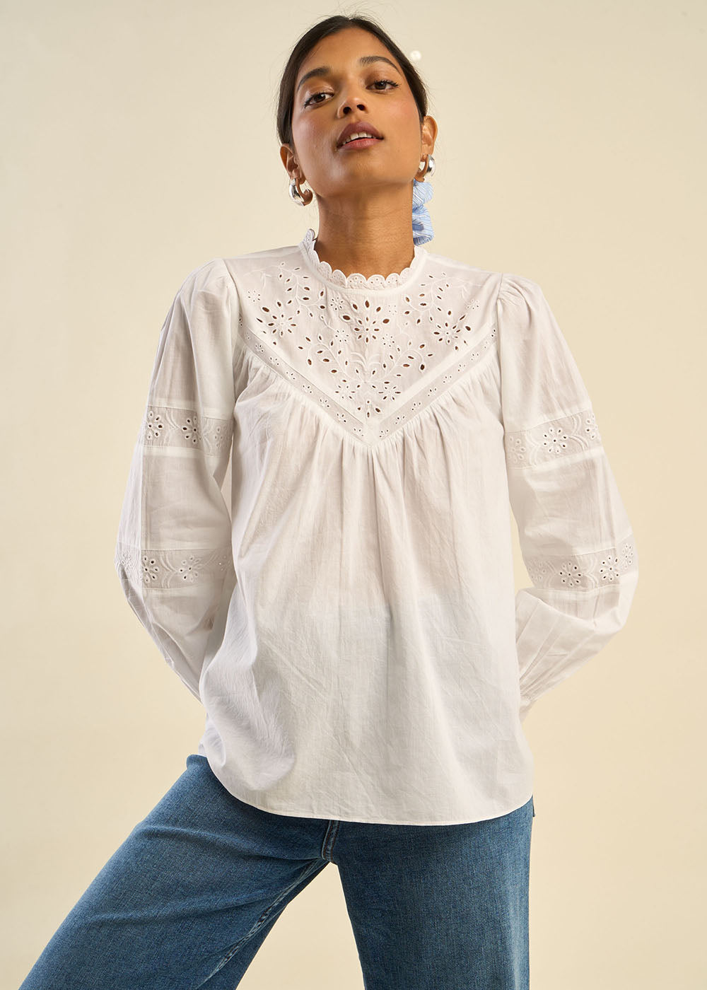 Cotton voile blouse with English embroidery - Sud Express - 5 - Sud Express