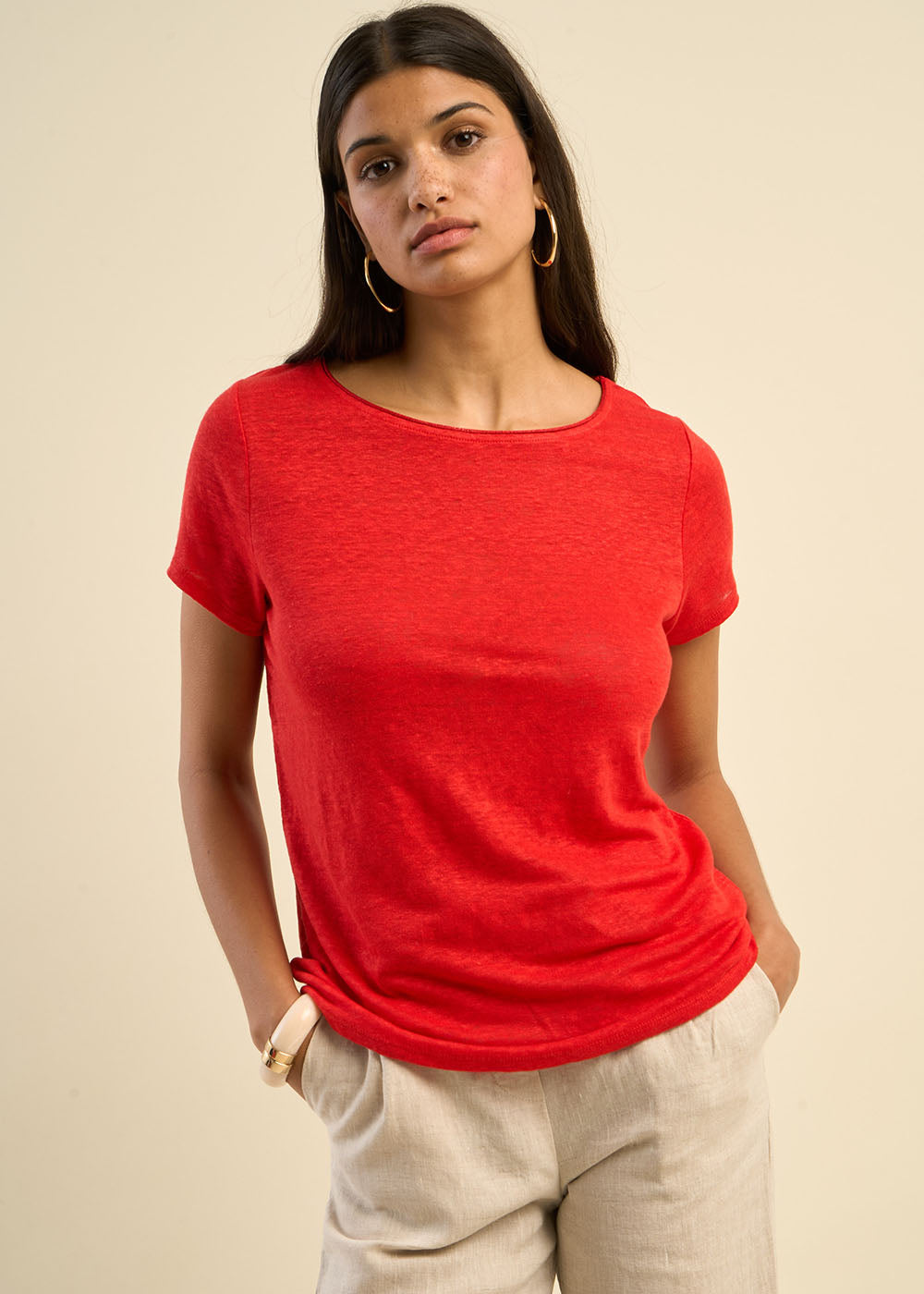 TRECY Linen t-shirt with boat neck and lurex detail - 1 - Sud Express - Sud Express