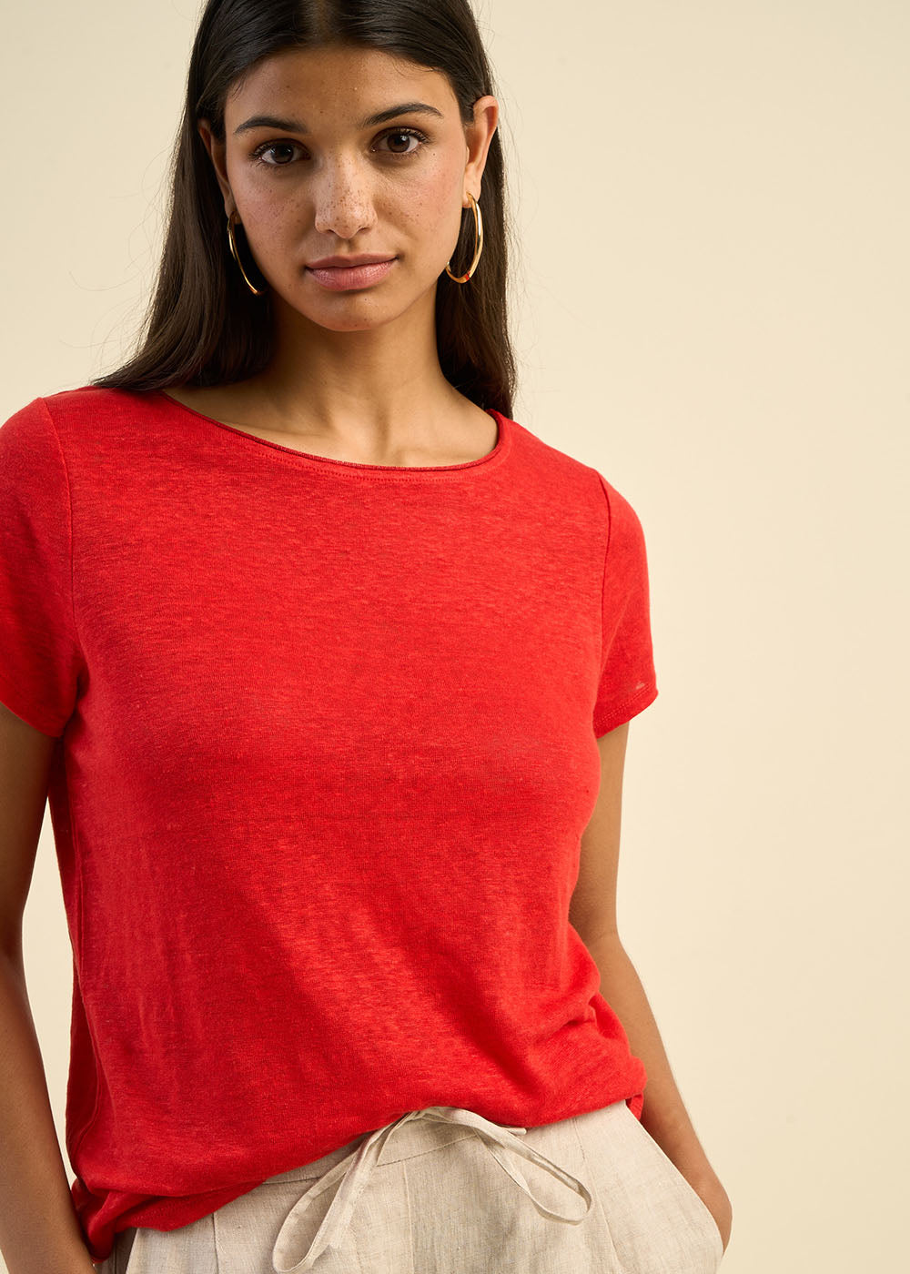 TRECY Linen t-shirt with boat neck and lurex detail - 2 - Sud Express - Sud Express