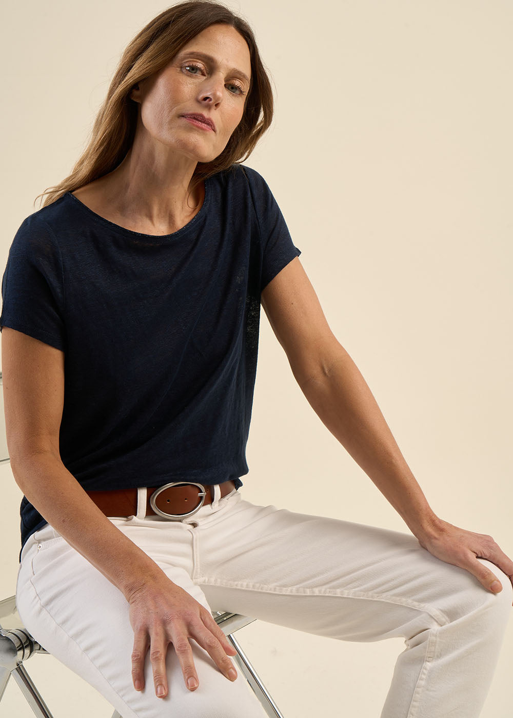 Linen t-shirt with boat neck and lurex detail - Sud Express - 1 - Sud Express