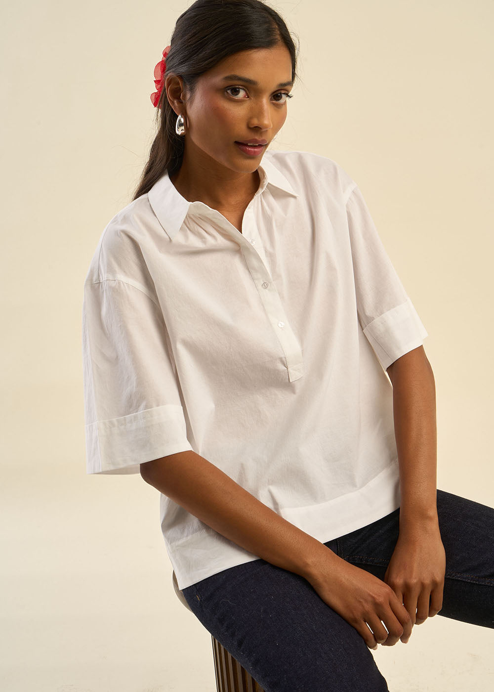 Shirred polo neck top with short sleeves  - Sud Express - 4 - Sud Express
