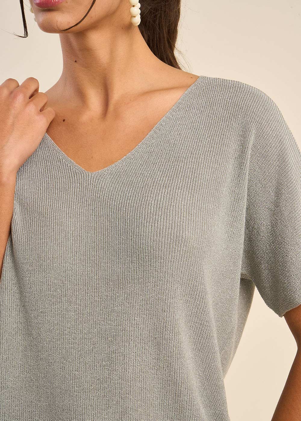 MIKOLLAYX  V-Neck Short-Sleeve Sweater with Lurex Details - 4 - Sud Express - Sud Express