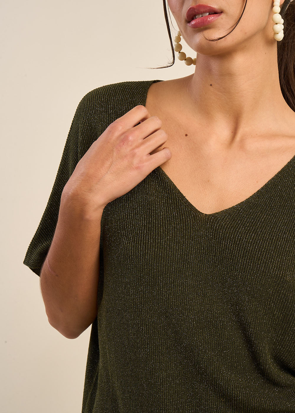 MIKOLLAYX  V-Neck Short-Sleeve Sweater with Lurex Details - 4 - Sud Express - Sud Express