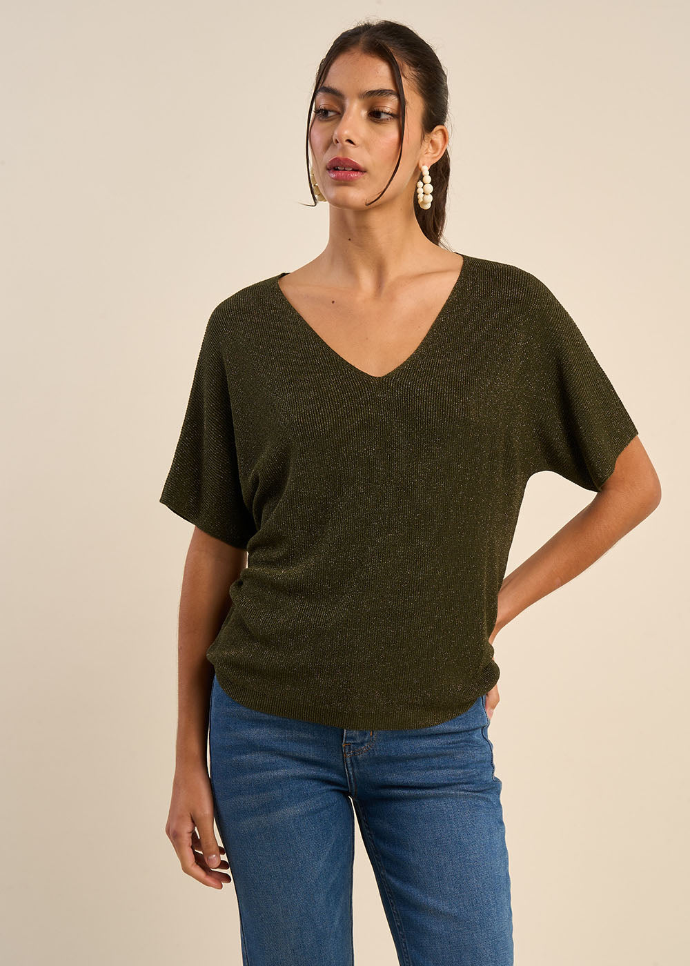  V-Neck Short-Sleeve Sweater with Lurex Details - Sud Express - 5 - Sud Express
