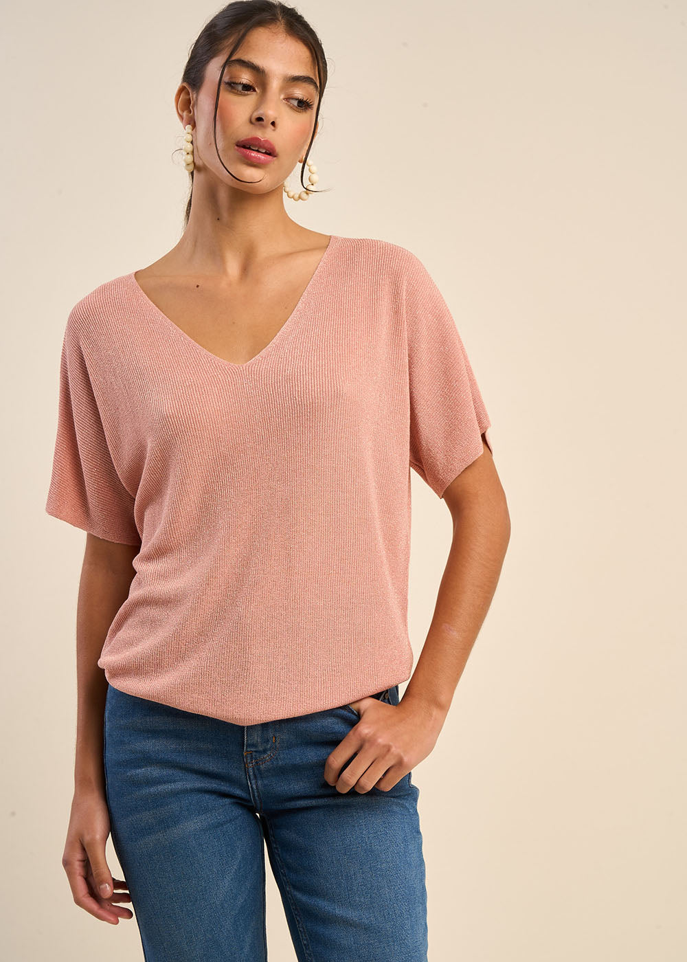 MIKOLLAYX  V-Neck Short-Sleeve Sweater with Lurex Details - 1 - Sud Express - Sud Express
