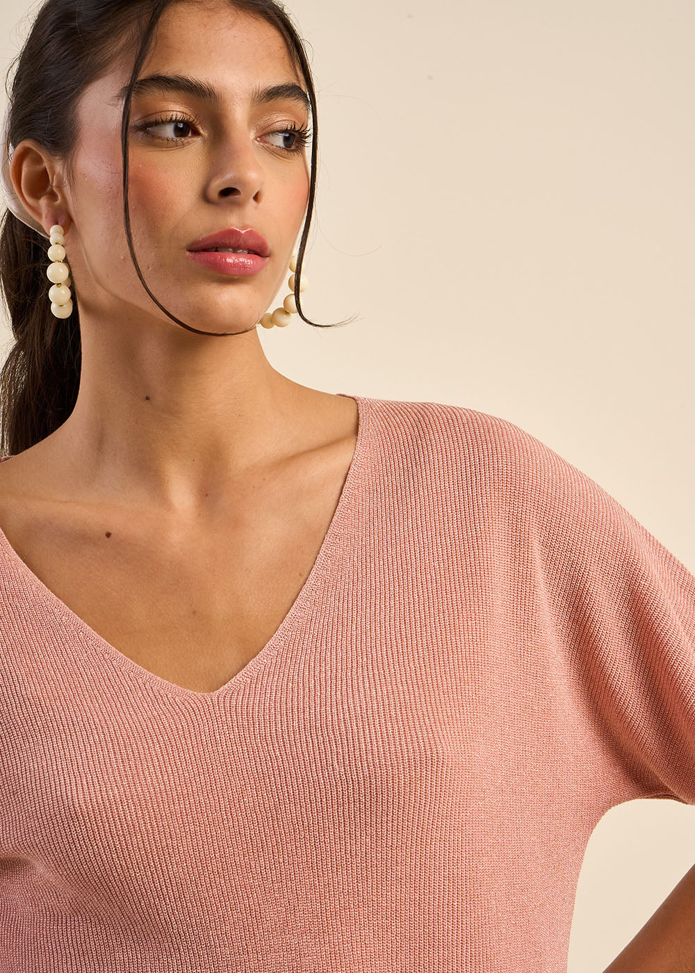 MIKOLLAYX  V-Neck Short-Sleeve Sweater with Lurex Details - 2 - Sud Express - Sud Express