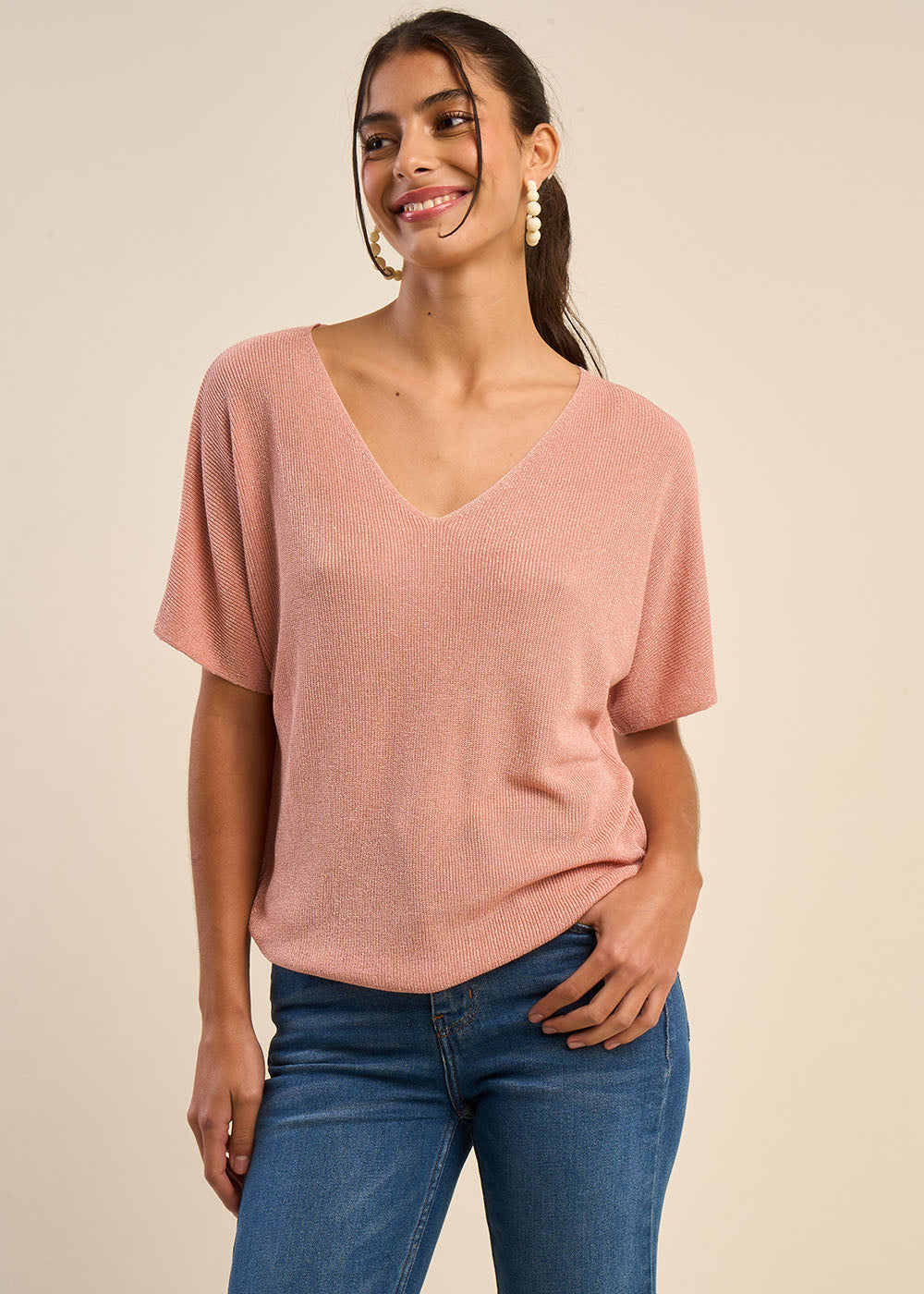 V-Neck Short-Sleeve Sweater with Lurex Details - Sud Express - 5 - Sud Express