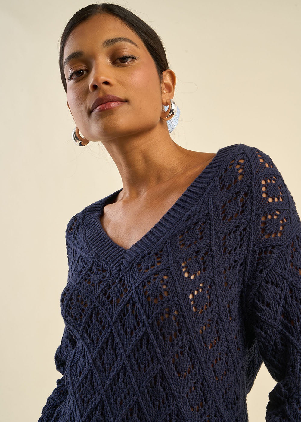 MILENE Openwork V-Neck Sweater - 1 - Sud Express - Sud Express