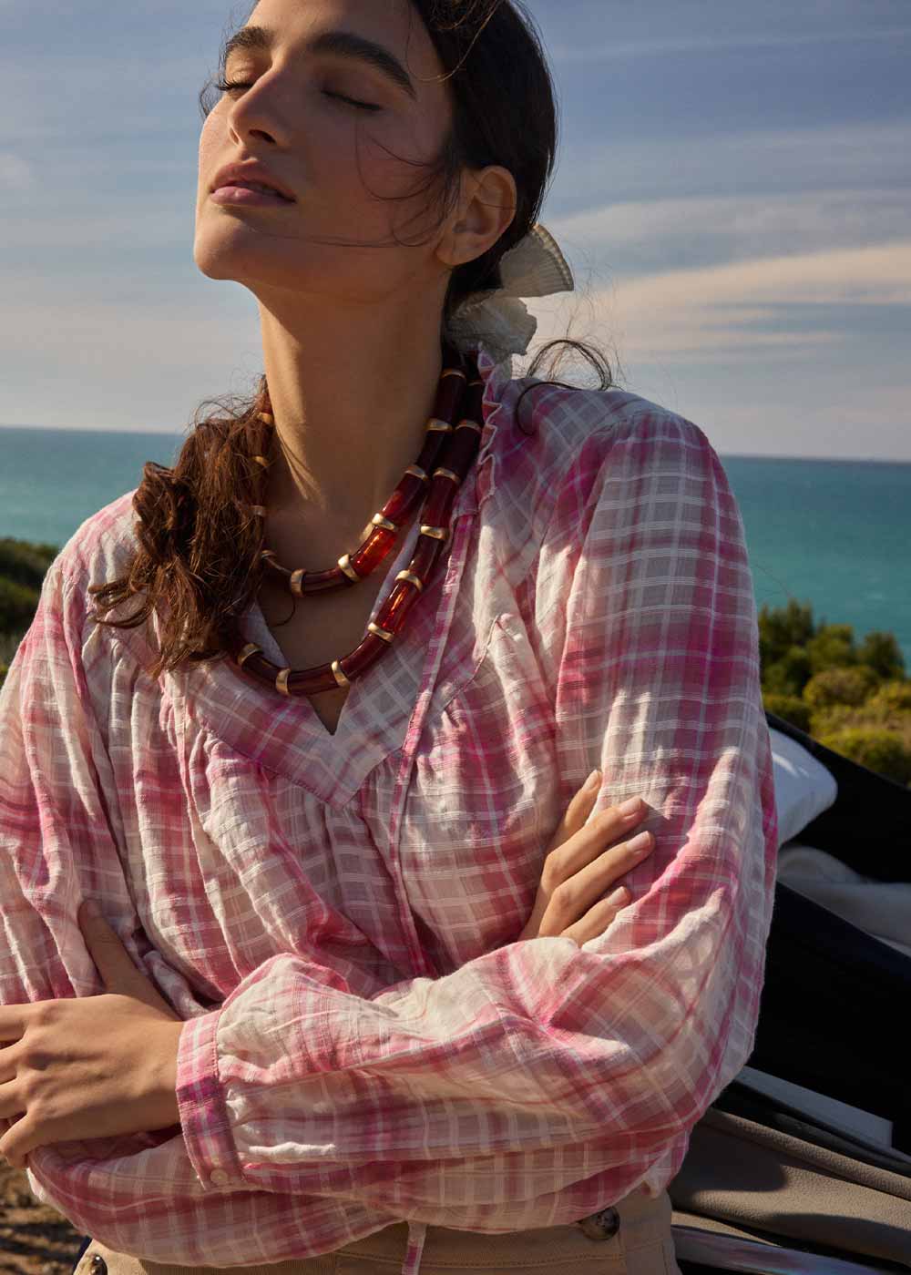 CALORIANE Checked blouse with high collar - 1 - Sud Express - Sud Express