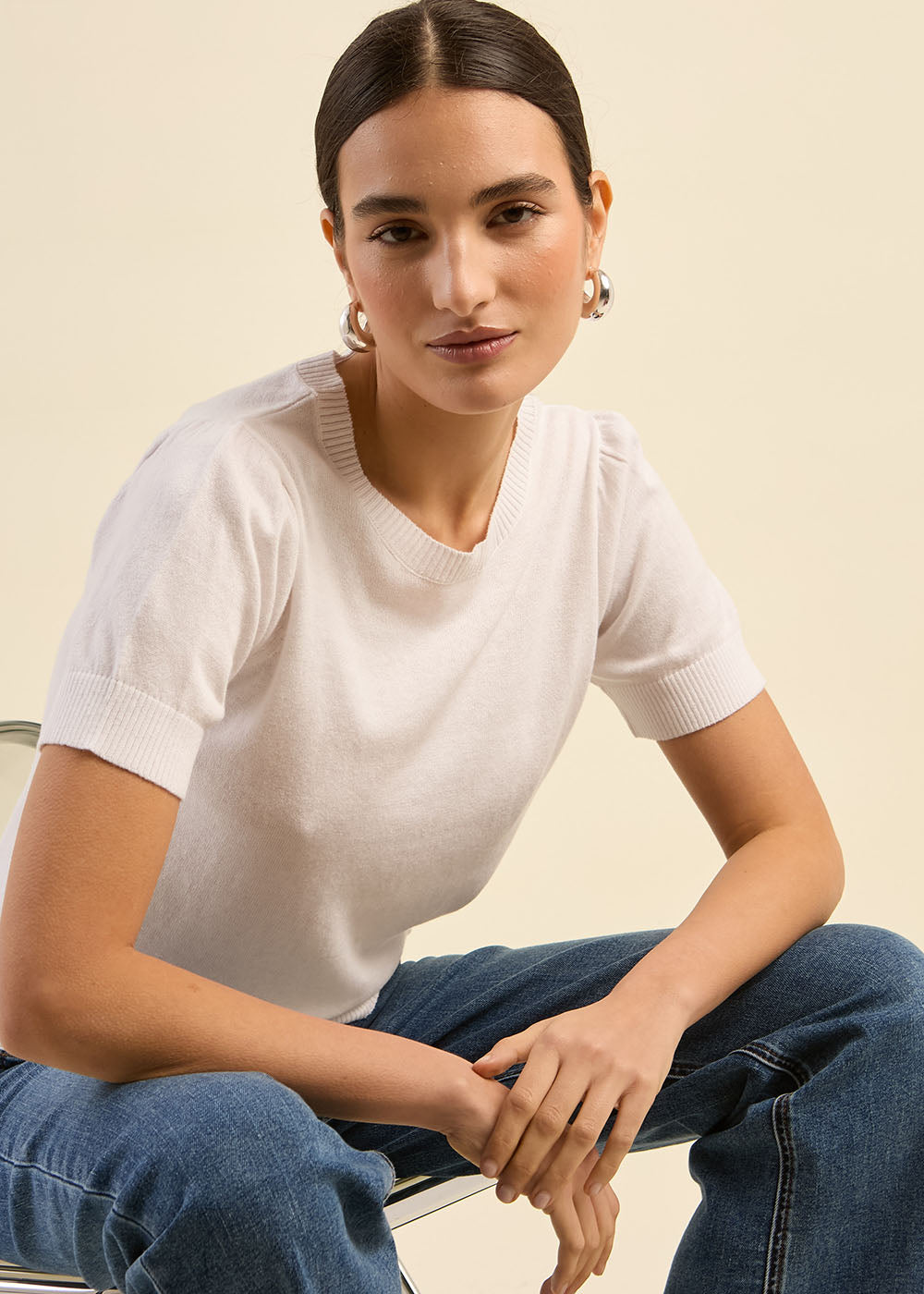 Short-sleeve sweater with pleated shoulders - Sud Express - 1 - Sud Express