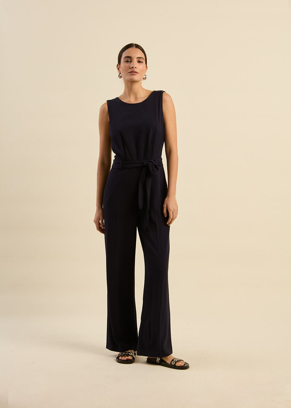 Belted jumpsuit with wide legs and shaped pleats - Sud Express - 1 - Sud Express