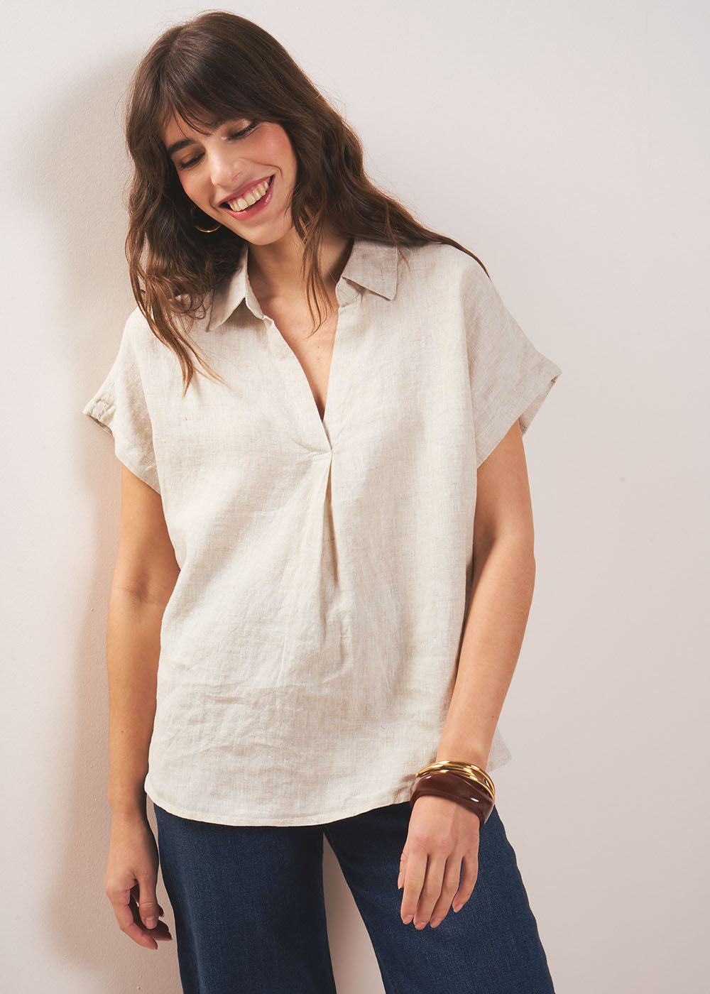 TAMINA Linen Blouse with V Neck - 1 - Sud Express - Sud Express