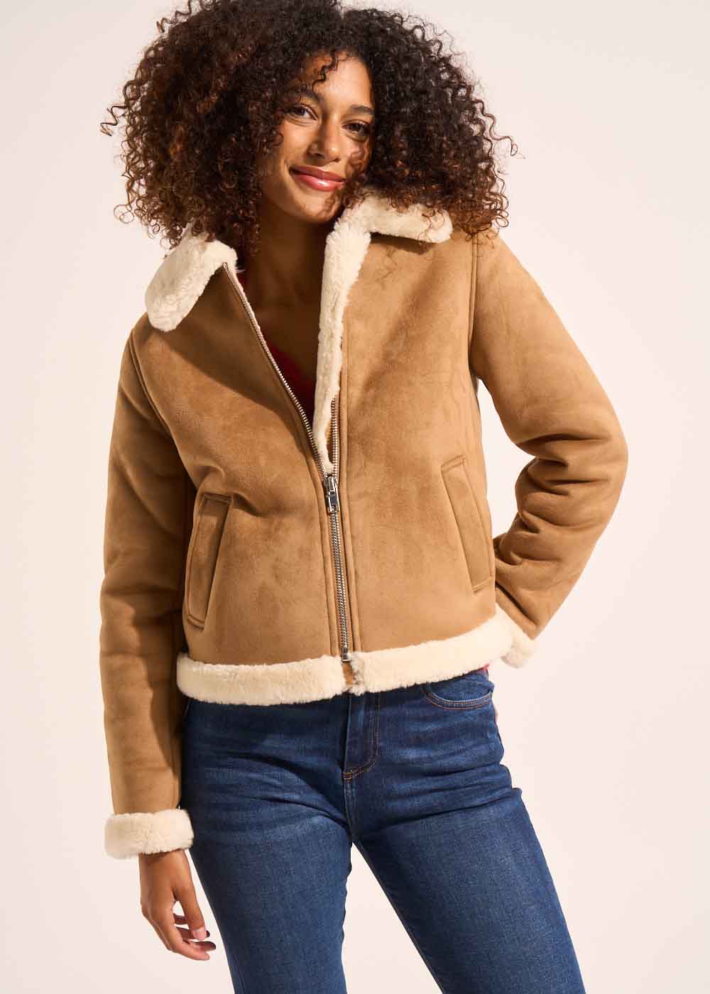 Veste courte en faux suède doublé fausse fourrure - Sud Express - 5 - Sud Express