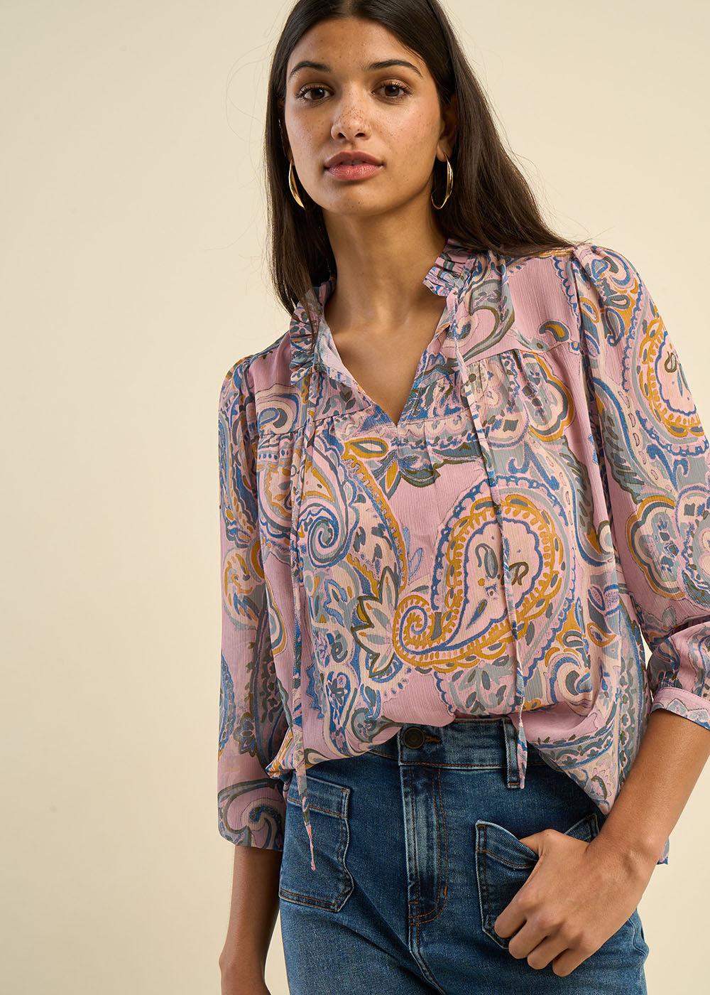 TALOUIZA Loose-fitting cashmere print blouse with tunisian collar - 1 - Sud Express - Sud Express