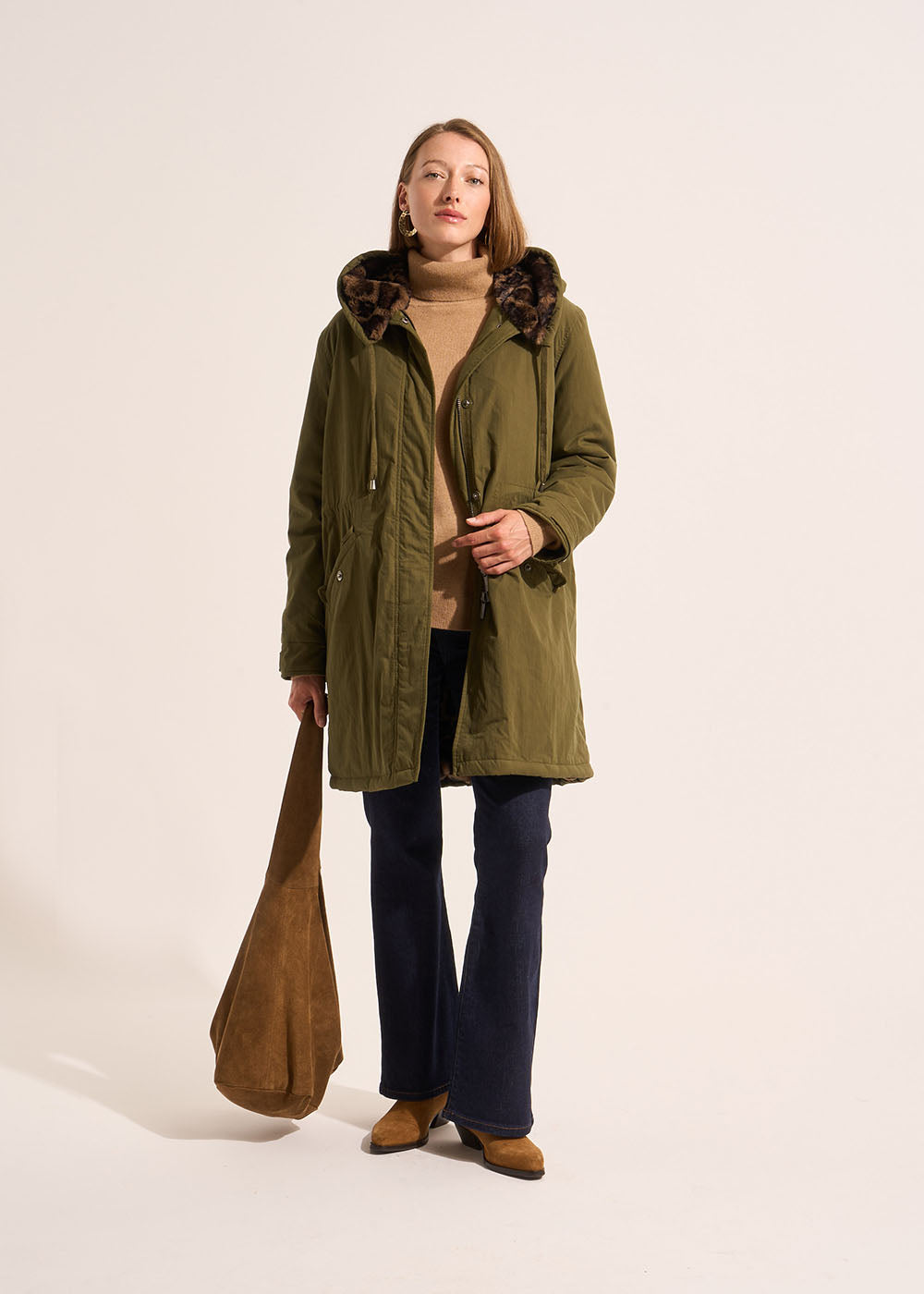 VAKILO Mid-length hooded parka with faux leopard fur lining - 1 - Sud Express - Sud Express