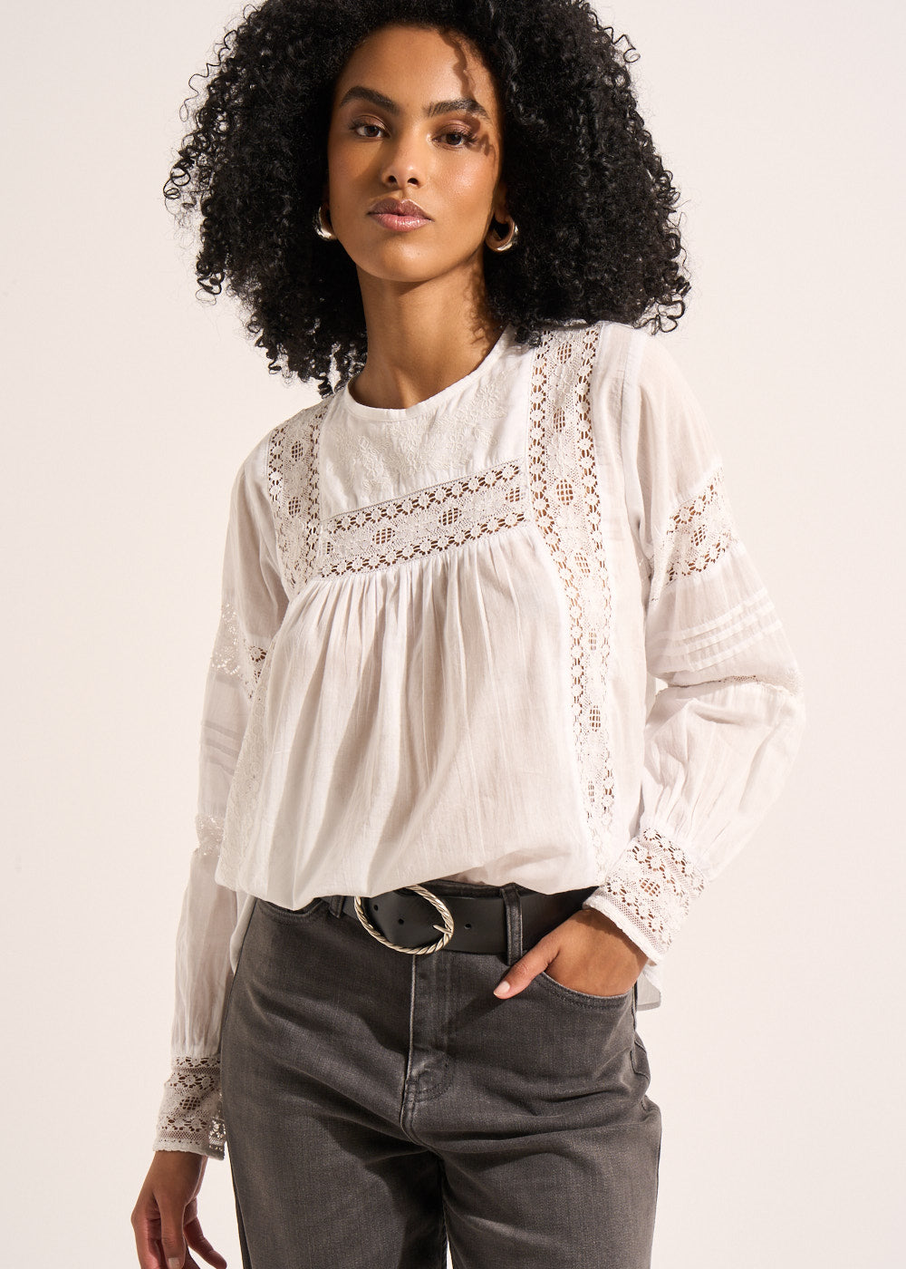 TELOUISE Cotton voile top with embroidered lace and long sleeves - 1 - Sud Express - Sud Express