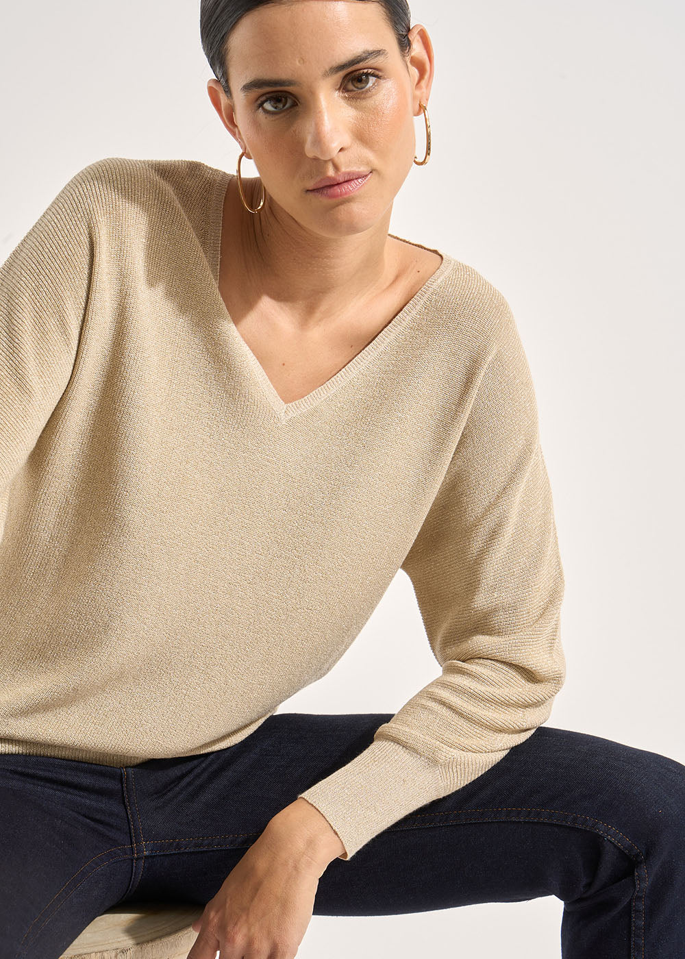 MACARENOU V-neck jumper with batwing sleeves and lurex threads - 1 - Sud Express - Sud Express