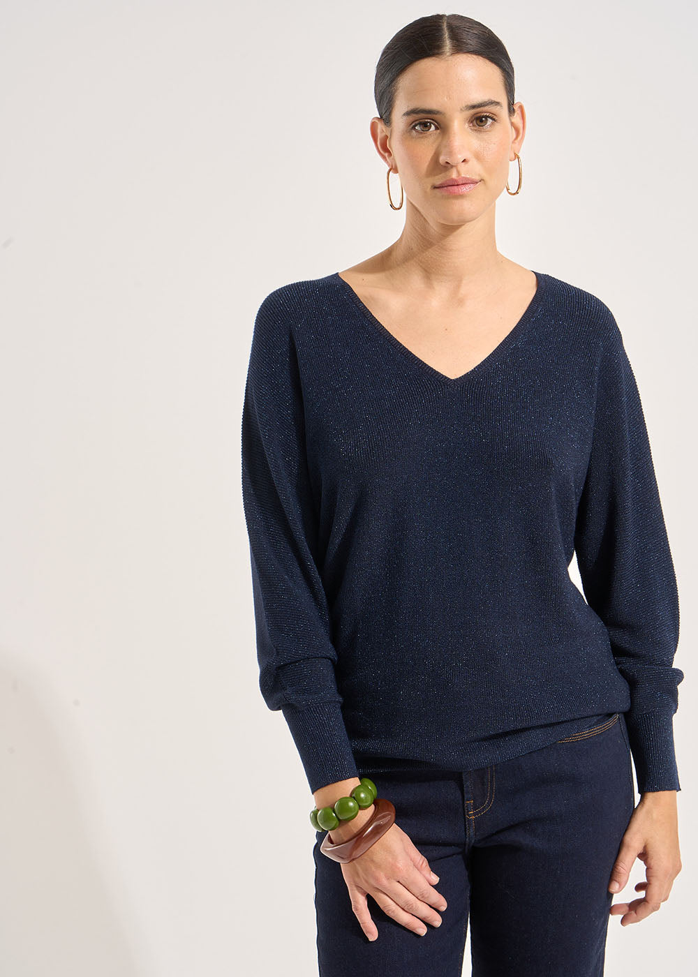 MACARENOU V-neck jumper with batwing sleeves and lurex threads - 1 - Sud Express - Sud Express
