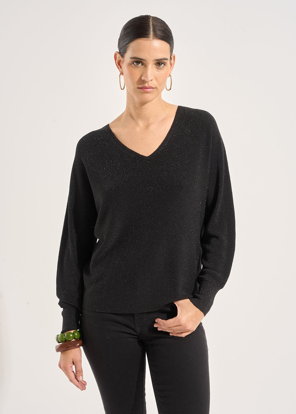 MACARENOU V-neck jumper with batwing sleeves and lurex threads - 1 - Sud Express - Sud Express