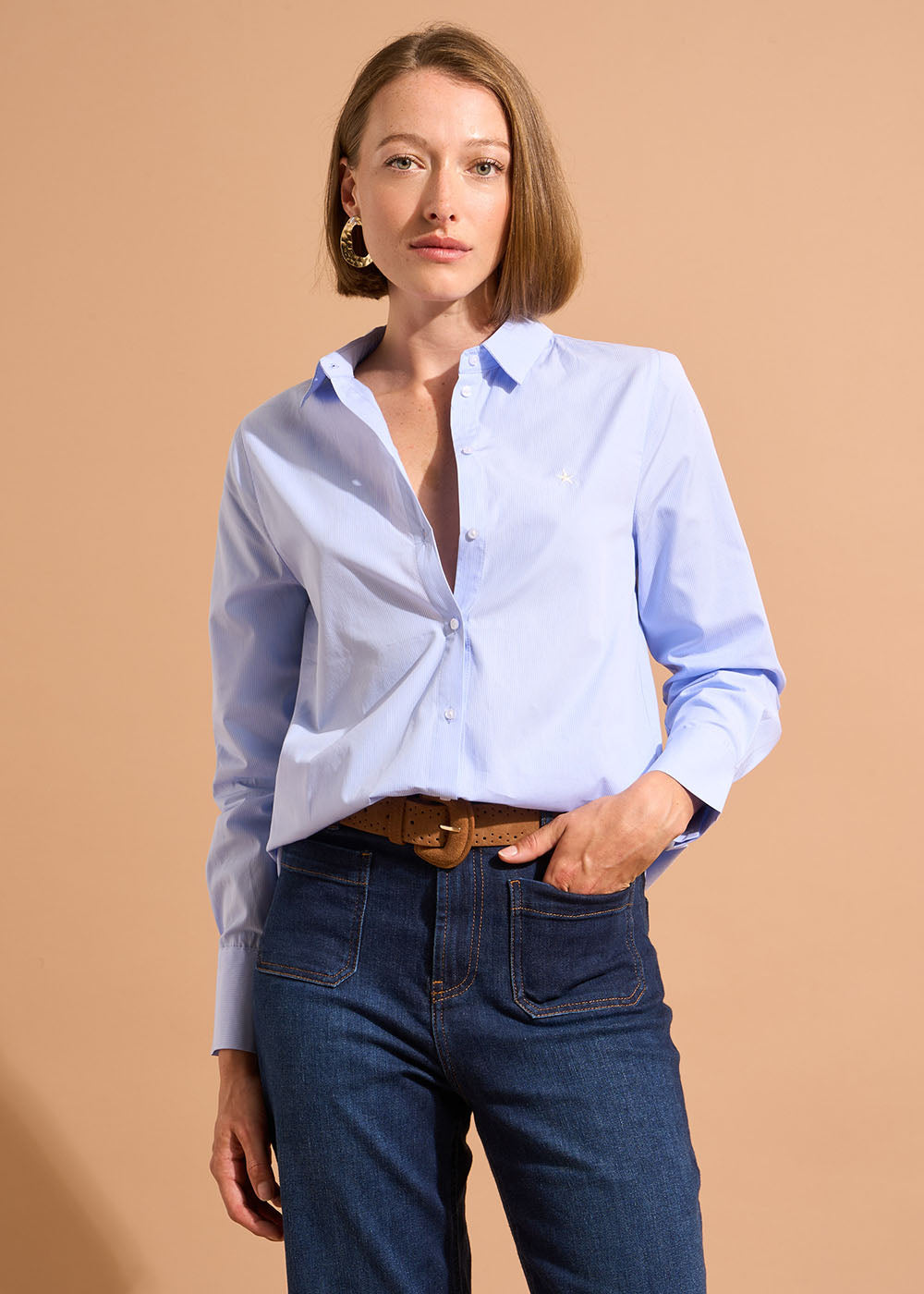 Fitted striped cotton shirt with star embroidery - Sud Express - 5 - Sud Express