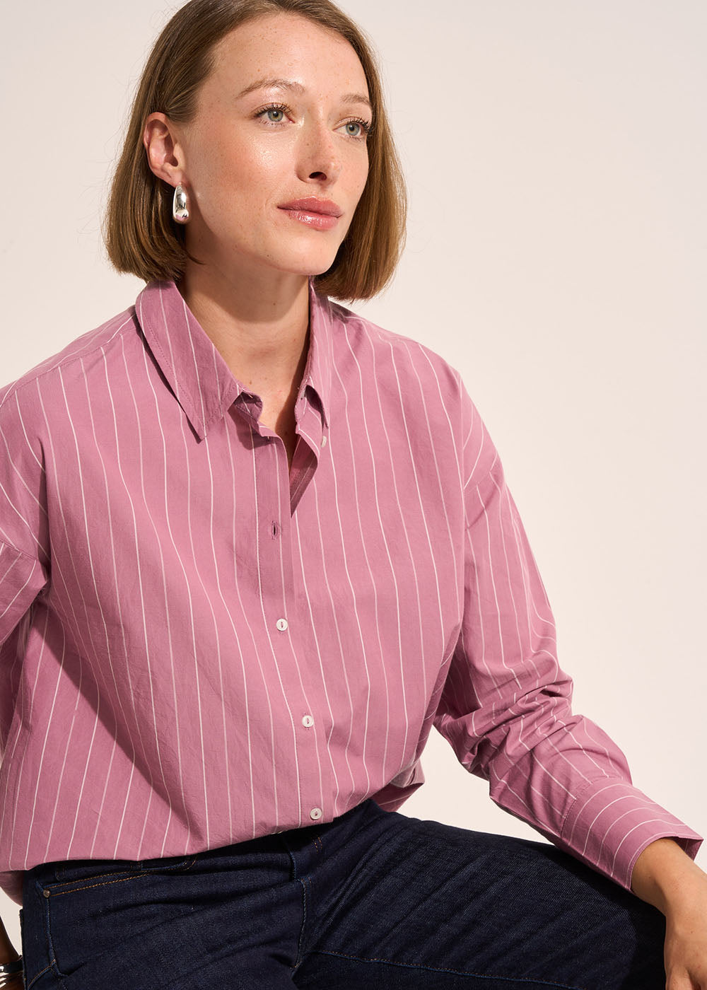 Oversized striped cotton shirt with dropped shoulders - Sud Express - 5 - Sud Express