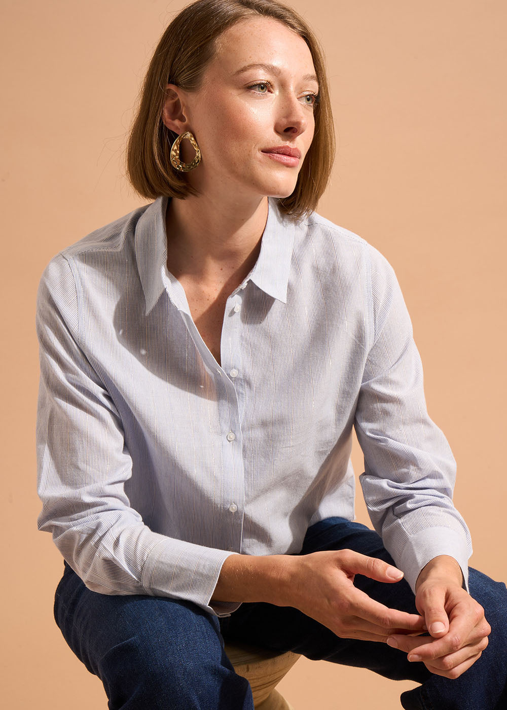 CORES Fitted cotton shirt with sky blue stripes and lurex thread - 1 - Sud Express - Sud Express