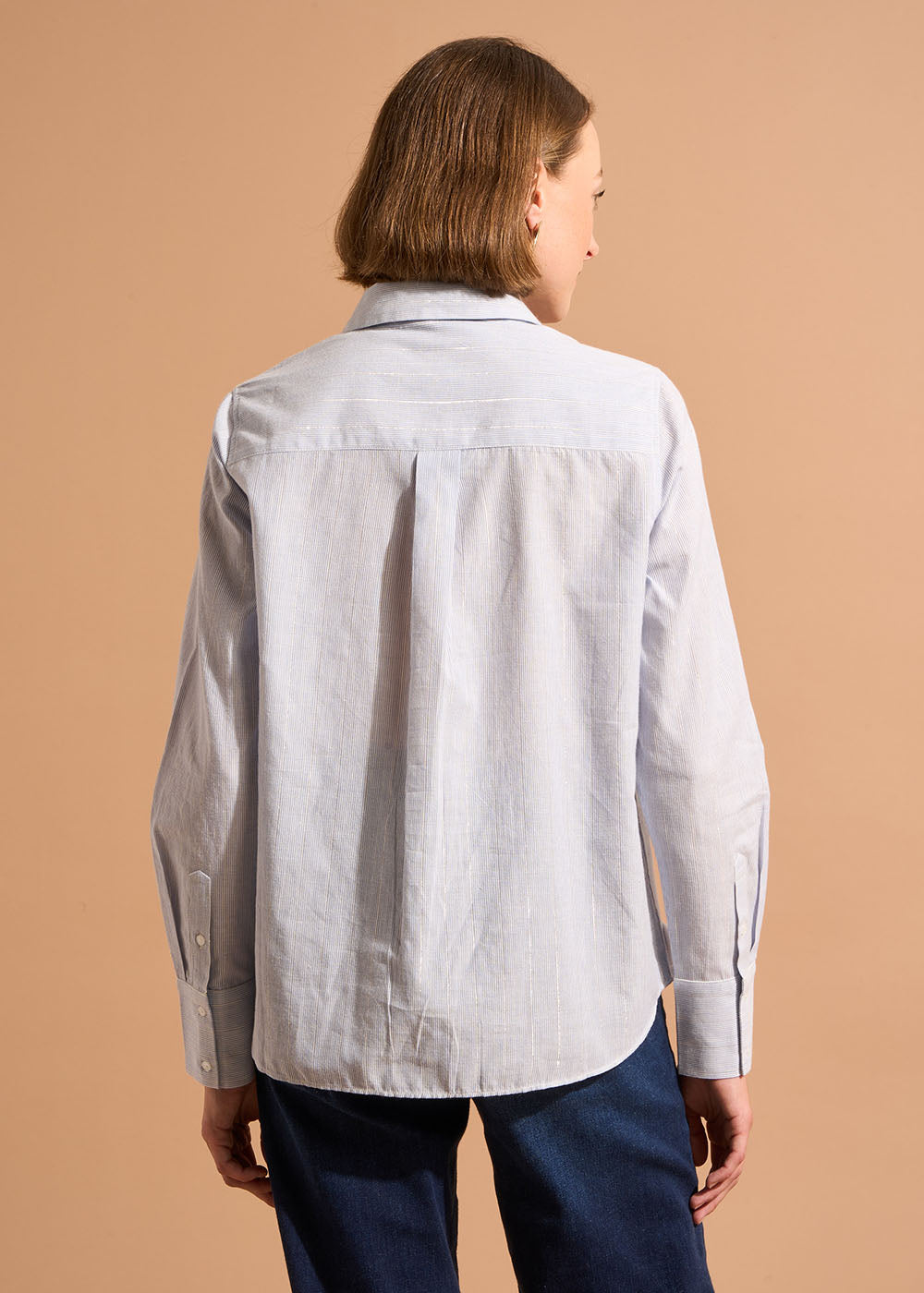 CORES Fitted cotton shirt with sky blue stripes and lurex thread - 3 - Sud Express - Sud Express