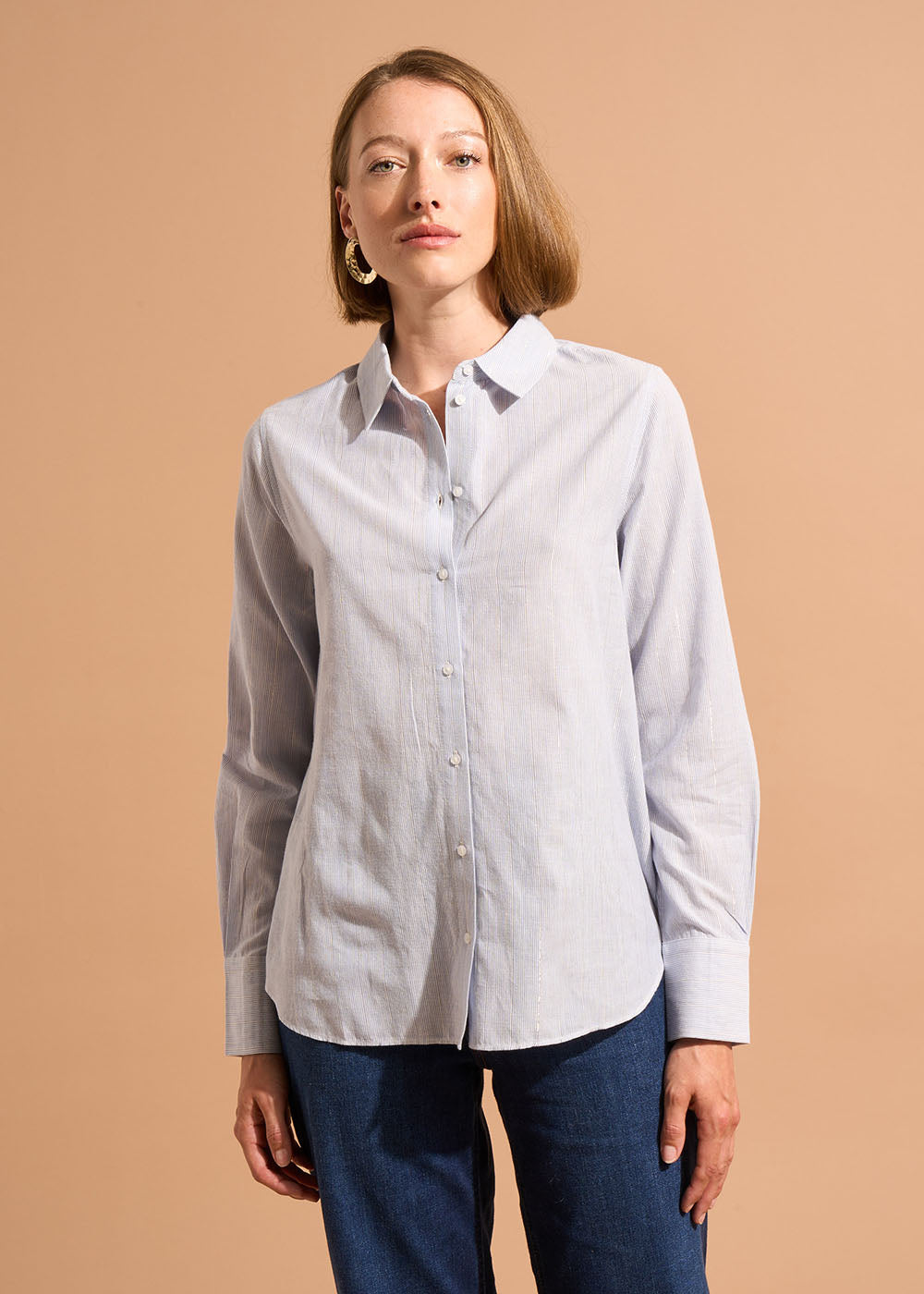 Fitted cotton shirt with sky blue stripes and lurex thread - Sud Express - 5 - Sud Express