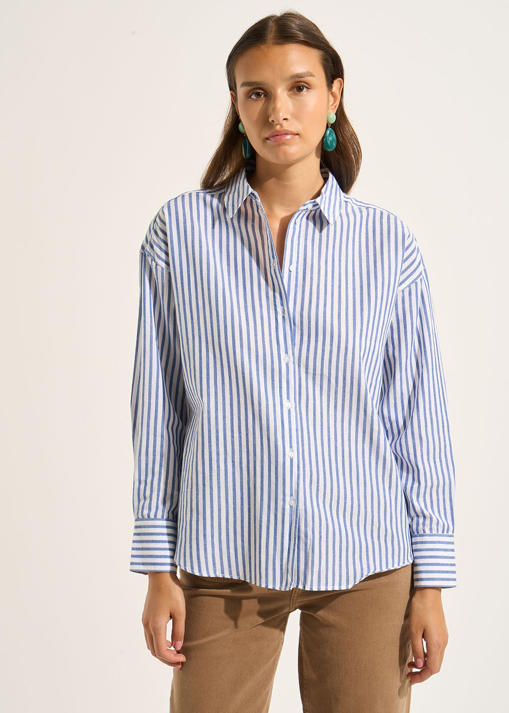 CAMARGUE Oversized shirt with blue stripes in cotton and metallic fibre with long sleeves - 1 - Sud Express - Sud Express