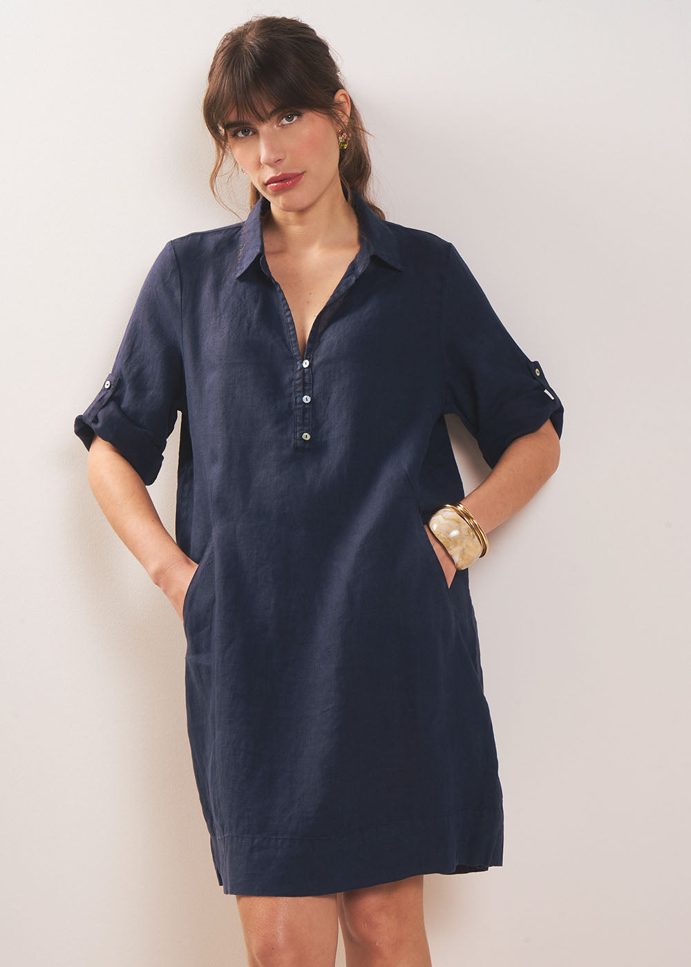 Short linen dress with shirt collar - Sud Express - 1 - Sud Express