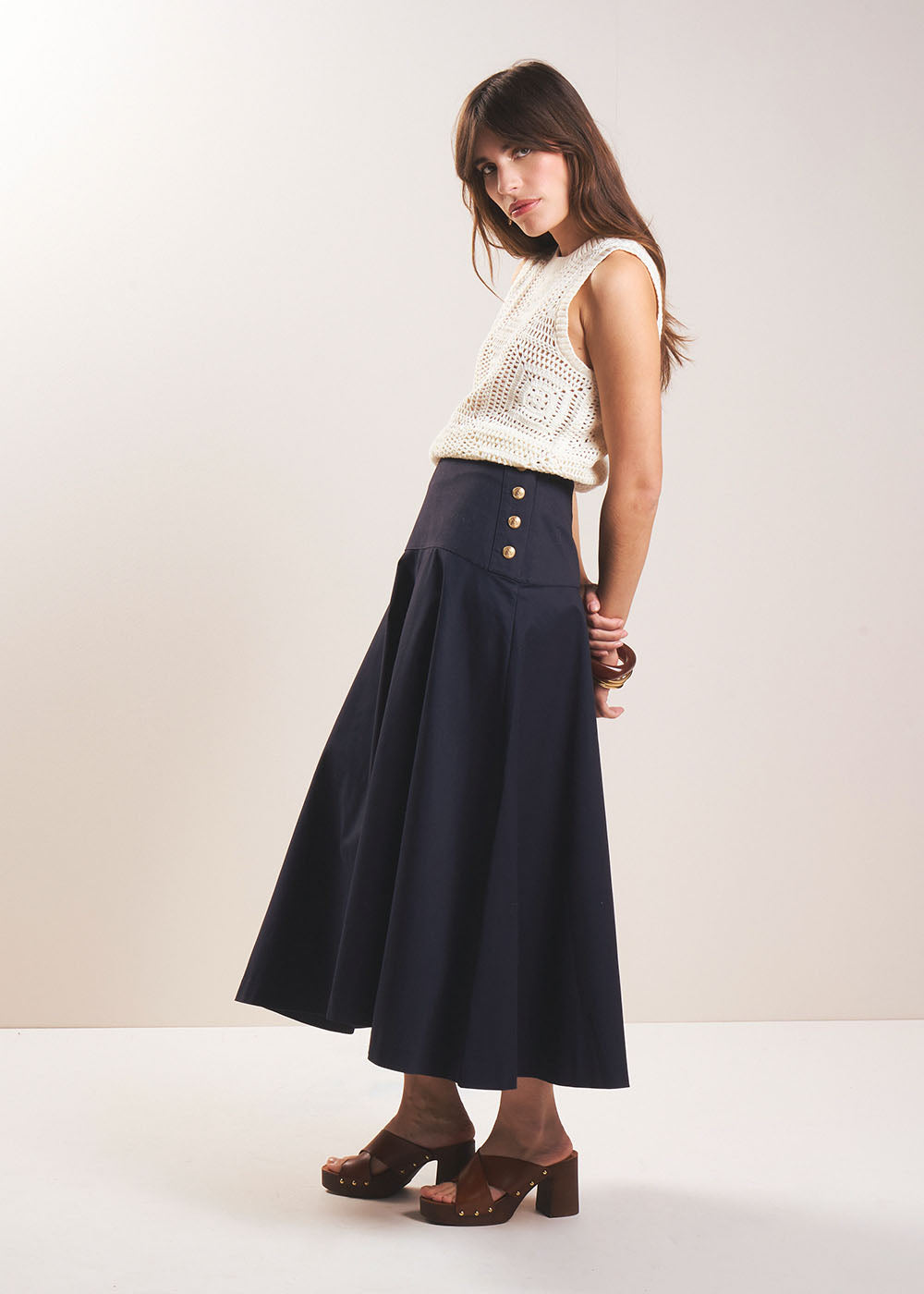 JULIETTE Flared midi skirt with gold buttons - 1 - Sud Express - Sud Express