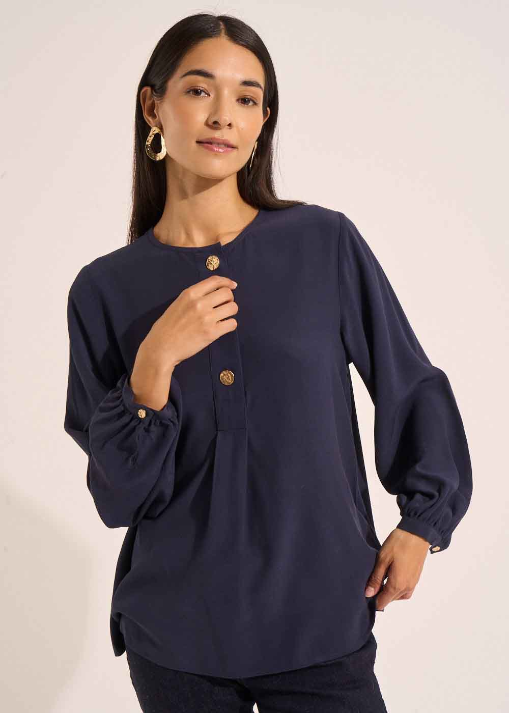 Blouse with long puff sleeves and round neckline - Sud Express - 5 - Sud Express