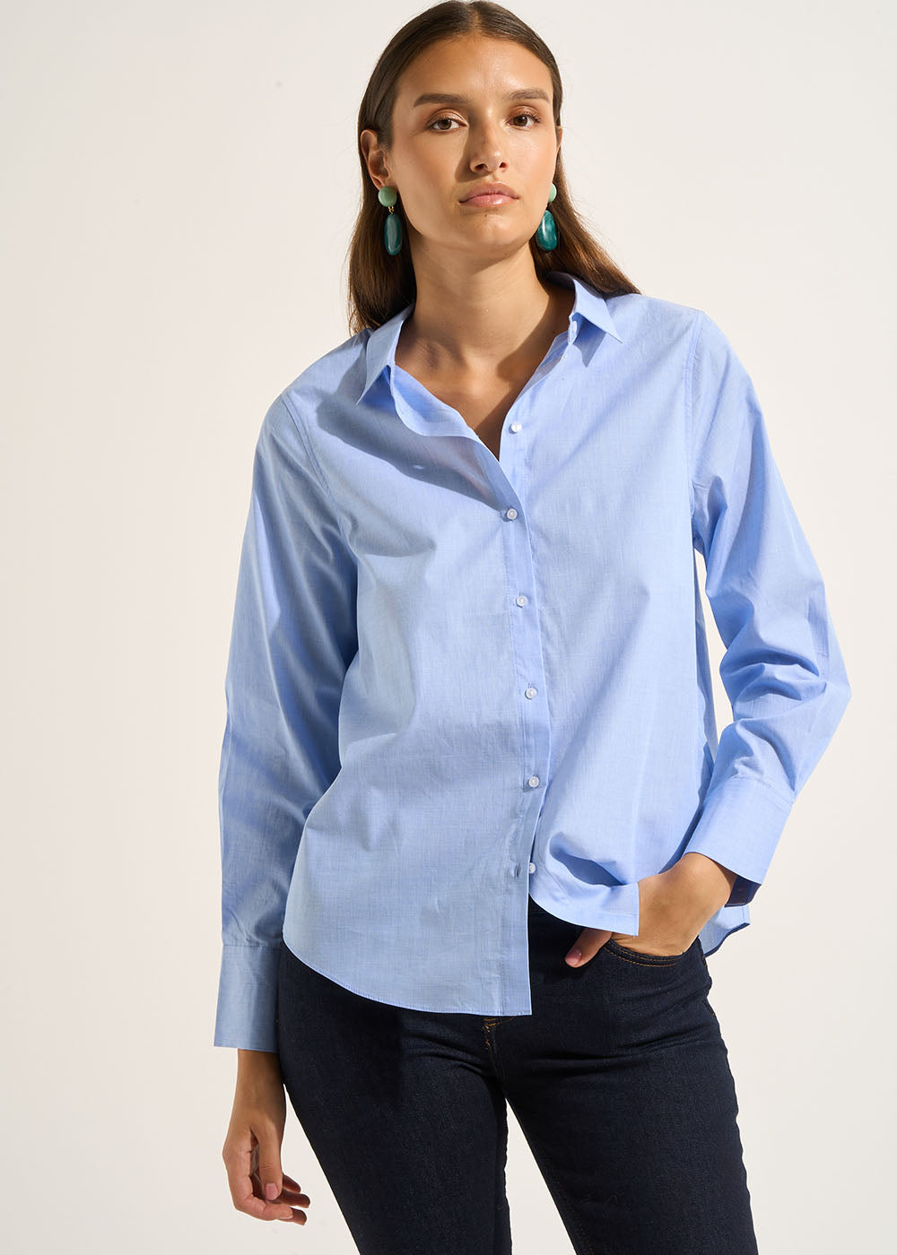 CORLYNA Straight-cut shirt with long cotton sleeves - 1 - Sud Express - Sud Express