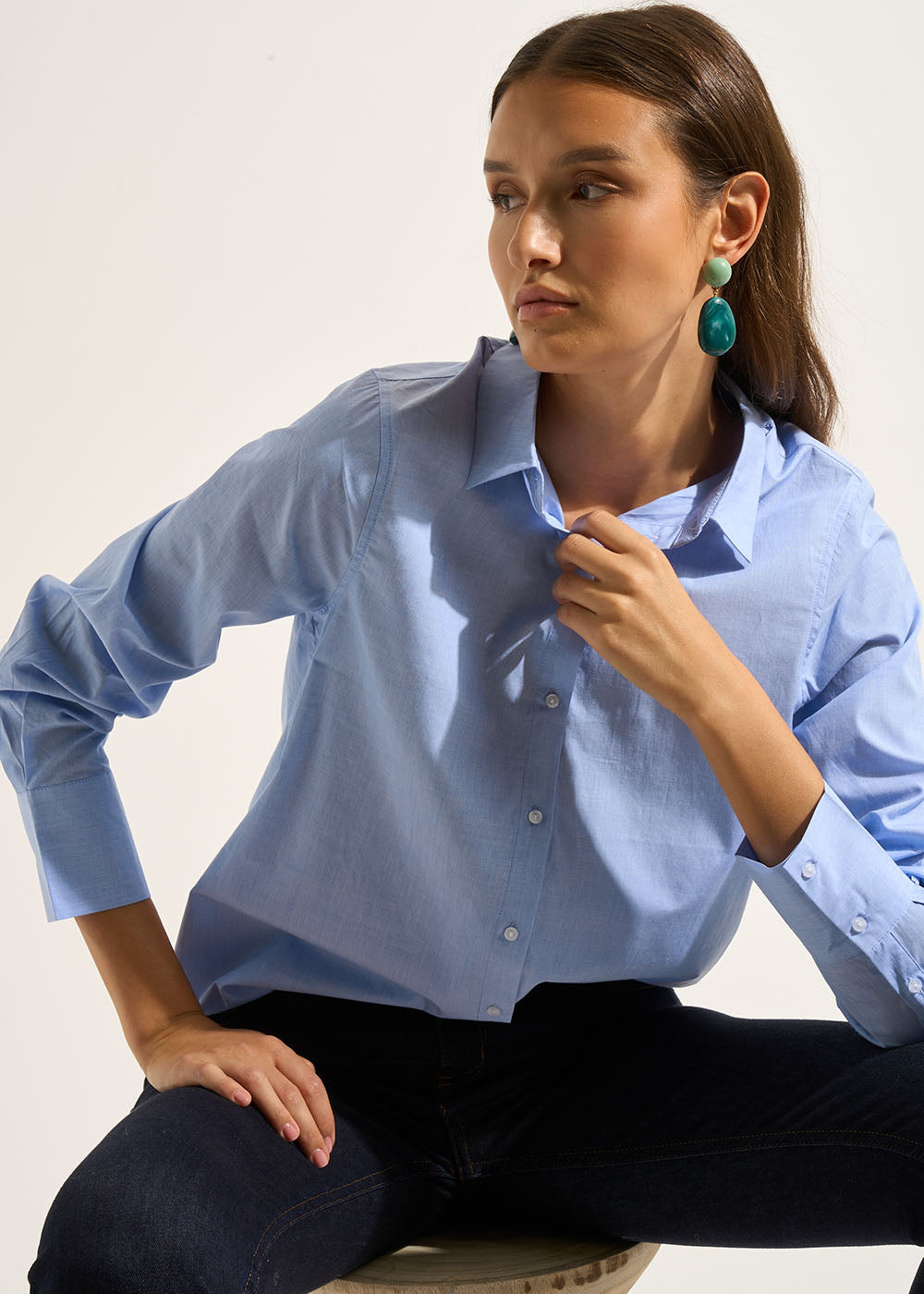 Straight-cut shirt with long cotton sleeves - Sud Express - 7 - Sud Express